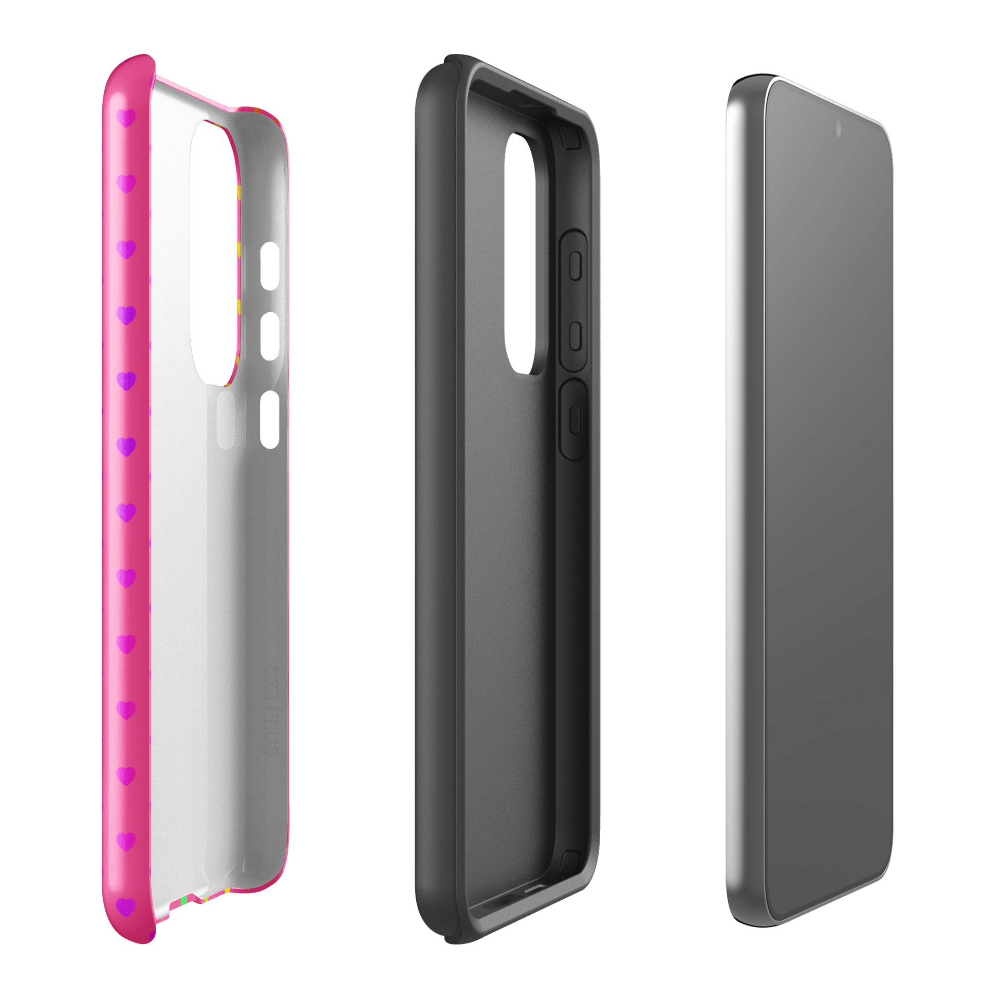 phone case for Samsung Galaxy with cute rainbow hearts and dual-layer protection showing exterior and interior view