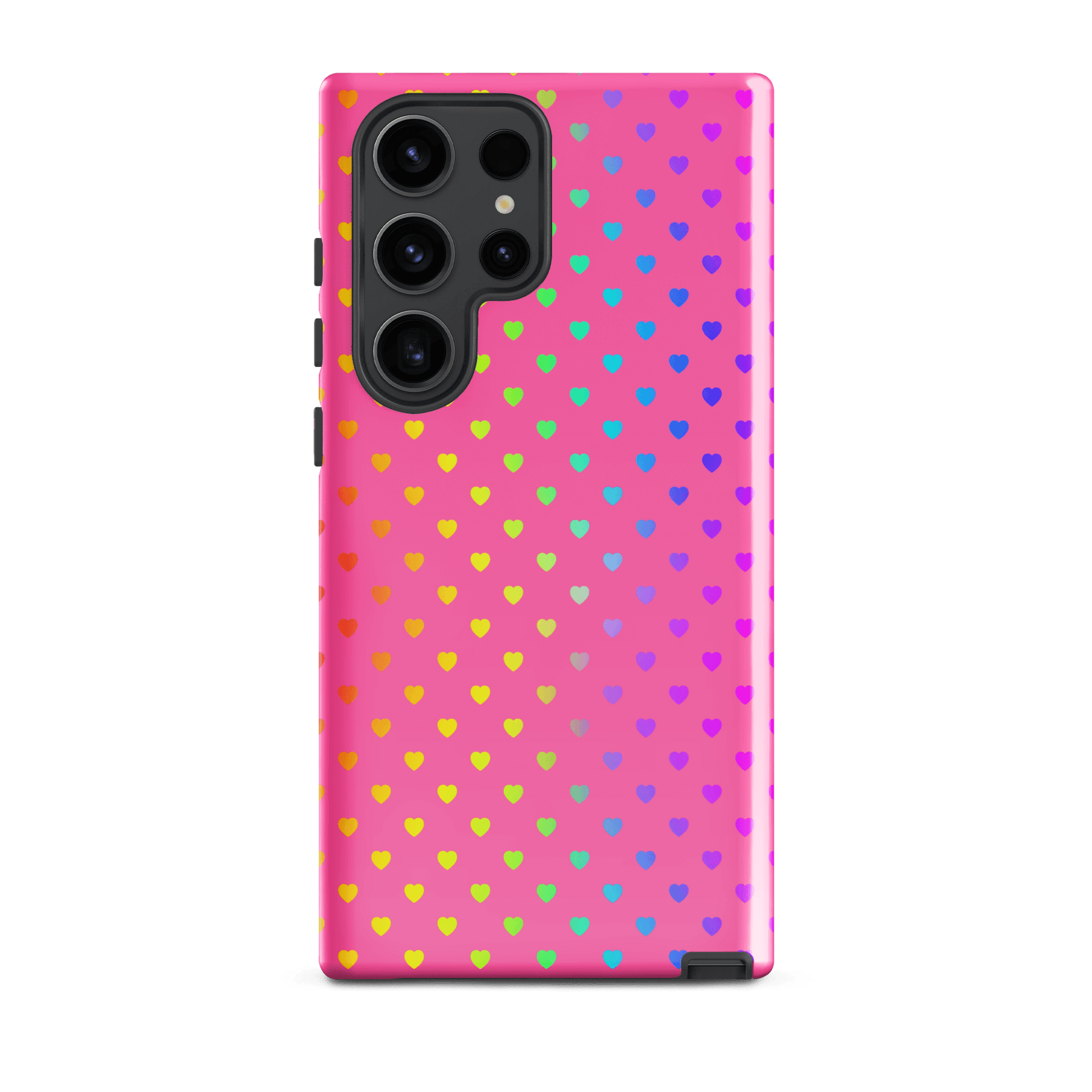 Phone case for Samsung Galaxy with cute rainbow hearts on a pink background