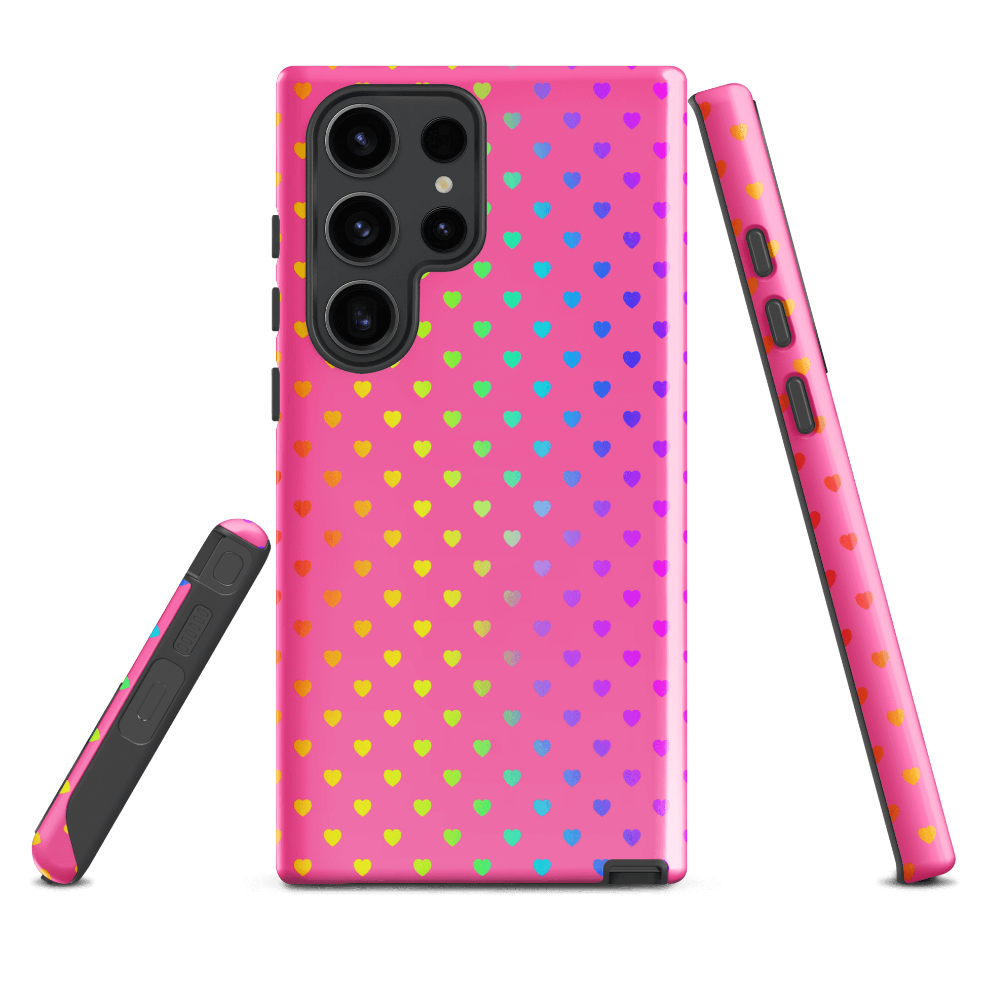 Phone case for Samsung Galaxy with cute rainbow heart design on bright pink background, offering stylish protection.