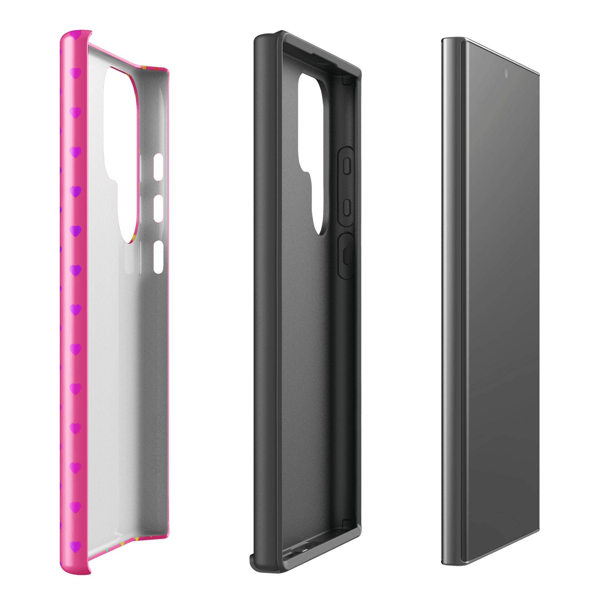 Phone case for Samsung Galaxy with cute rainbow hearts design on a pink backdrop, featuring dual-layer protection.