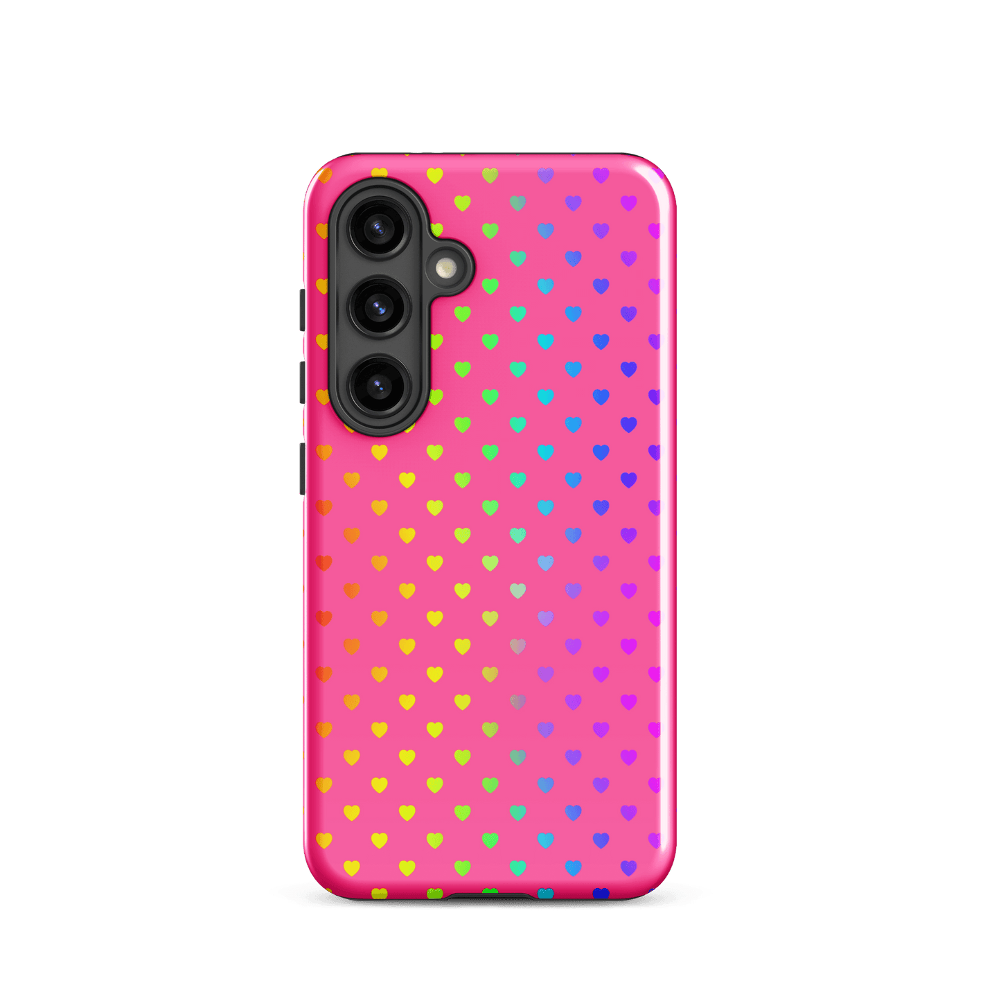phone case for Samsung Galaxy featuring cute rainbow hearts on a pink backdrop