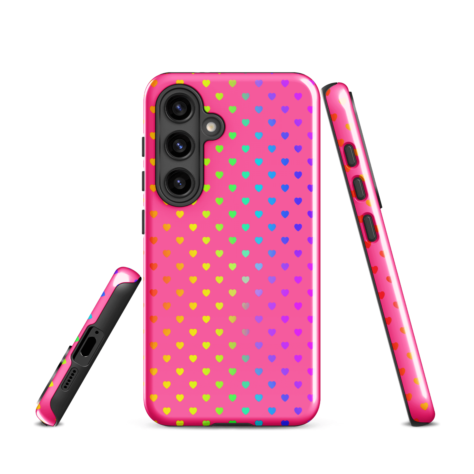 phone case with rainbow hearts design for Samsung Galaxy on pink background