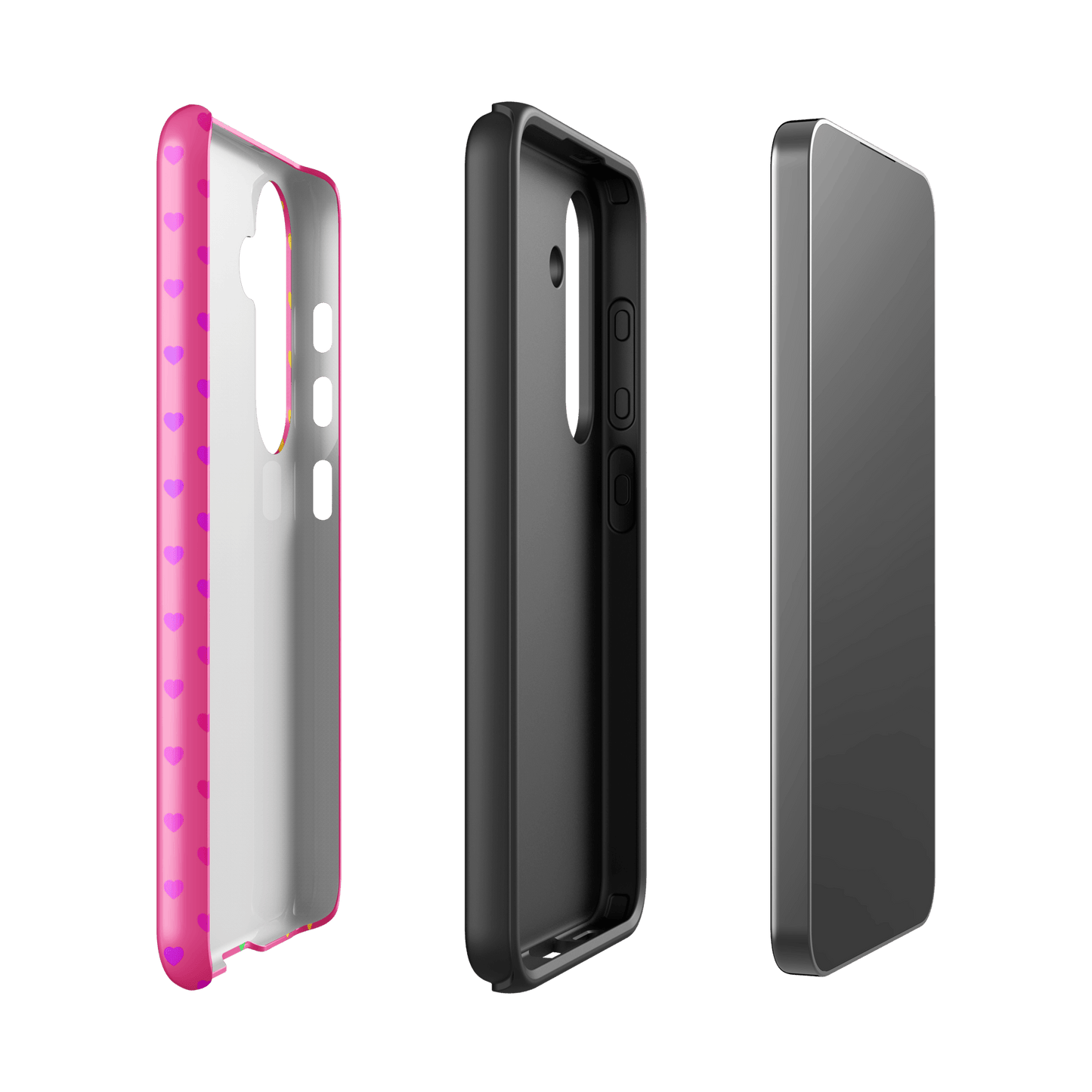 phone case for Samsung Galaxy with cute rainbow hearts on pink backdrop, showing dual-layer construction