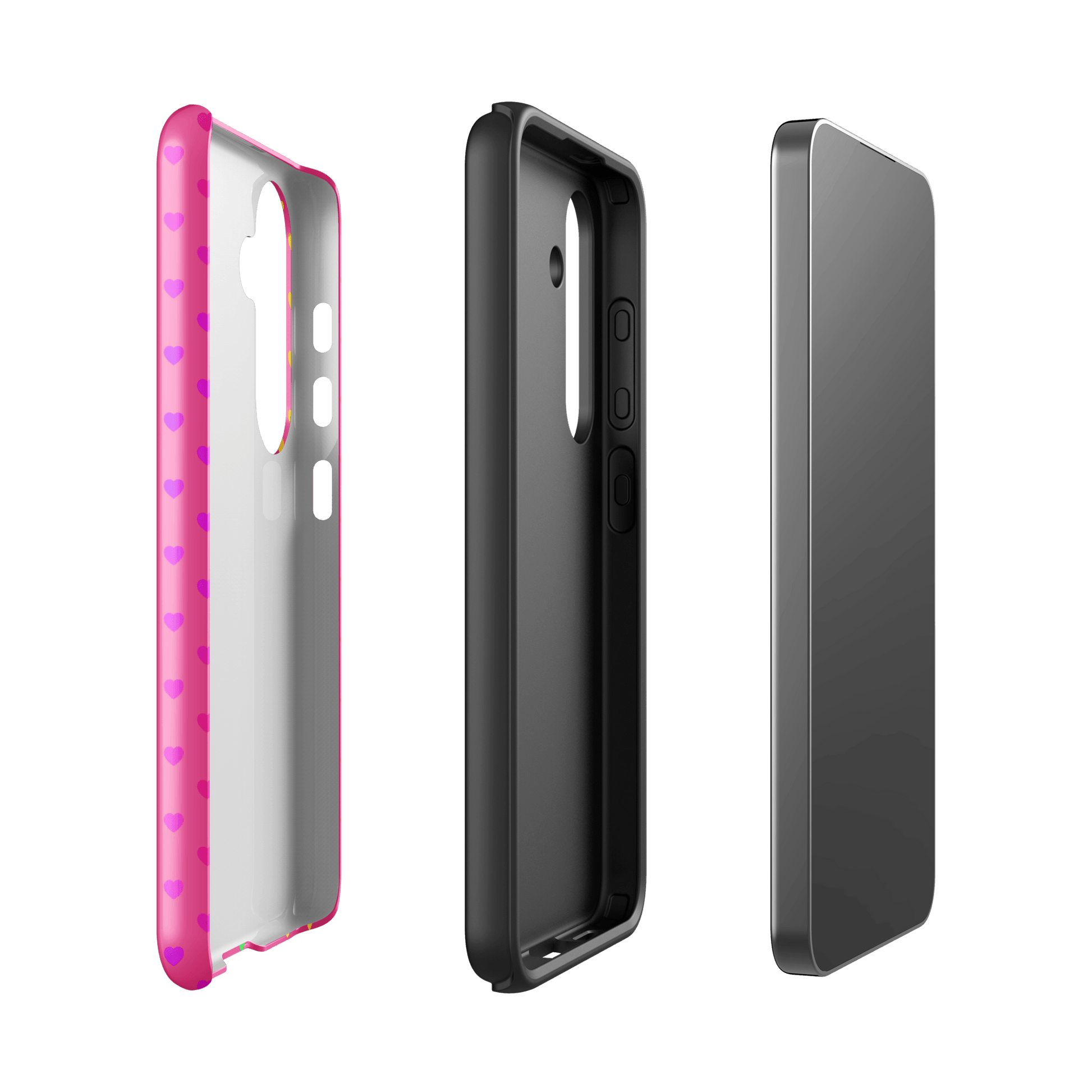 phone case for Samsung Galaxy with cute rainbow hearts on pink backdrop, showing dual-layer construction
