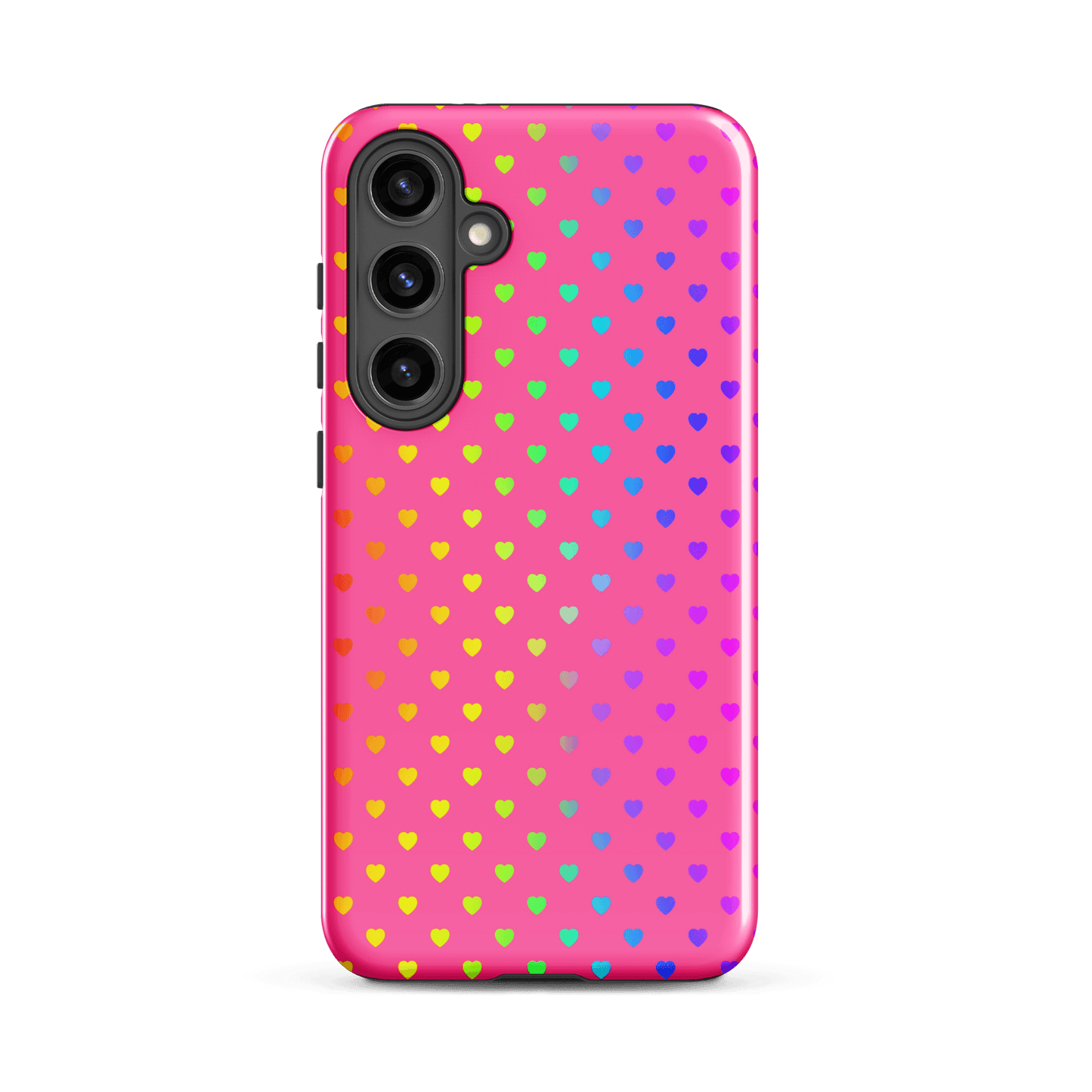 Phone case for Samsung Galaxy with pink background and colorful rainbow hearts design