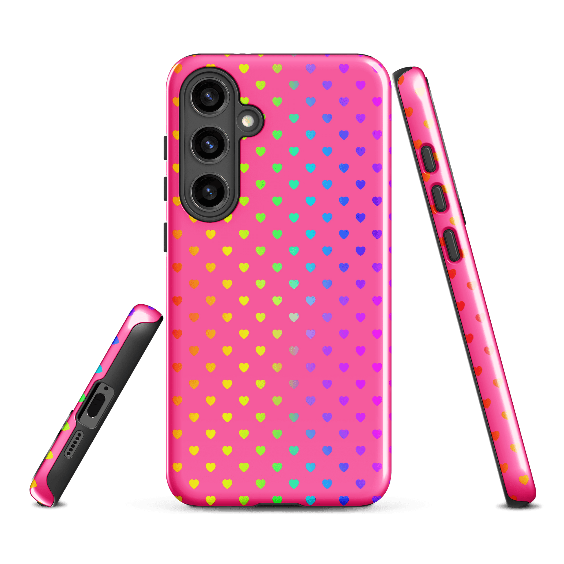 Cute rainbow hearts phone case for Samsung Galaxy, pink backdrop, cheerful design