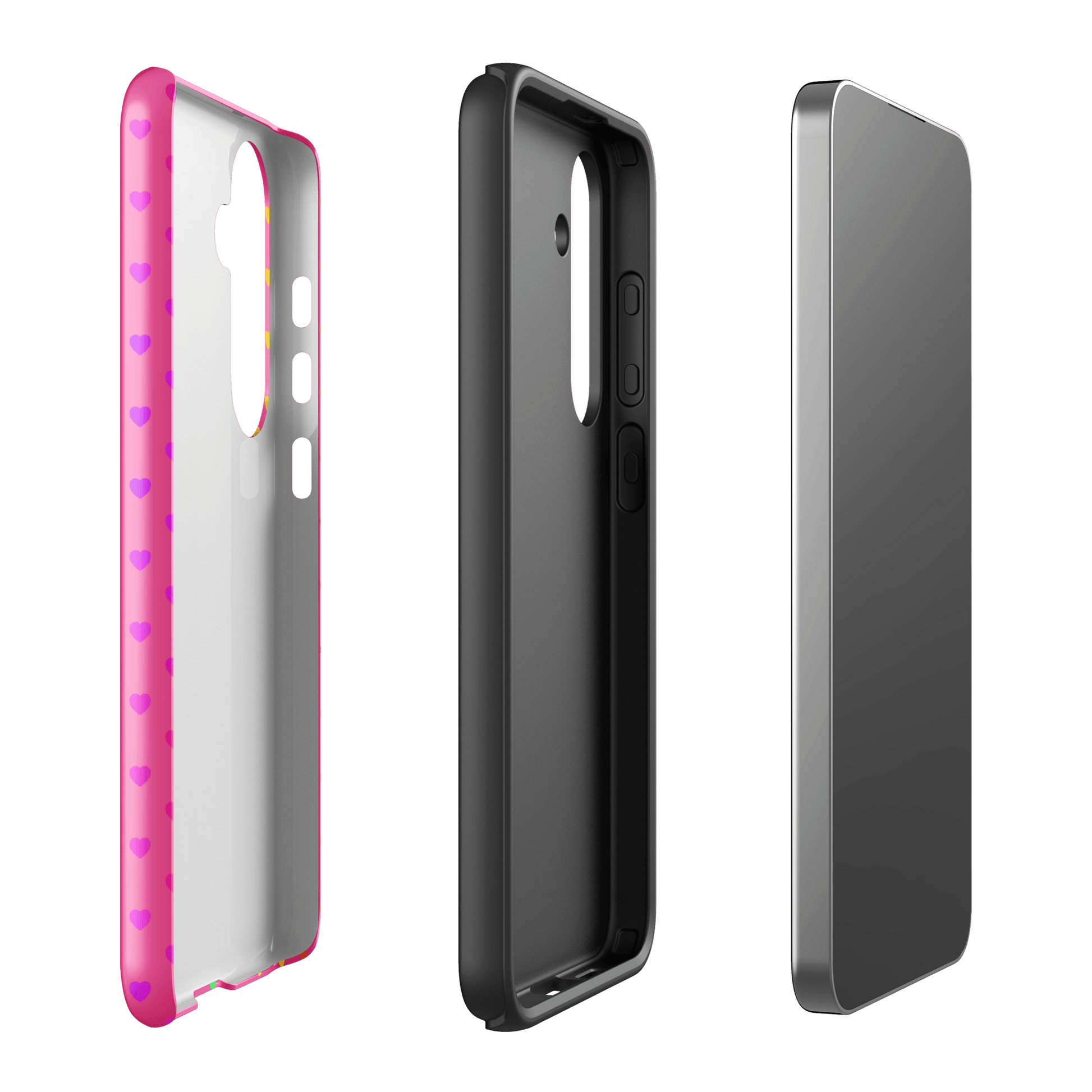 Exploded view of a phone case for Samsung Galaxy featuring a cute rainbow heart design on a pink backdrop.
