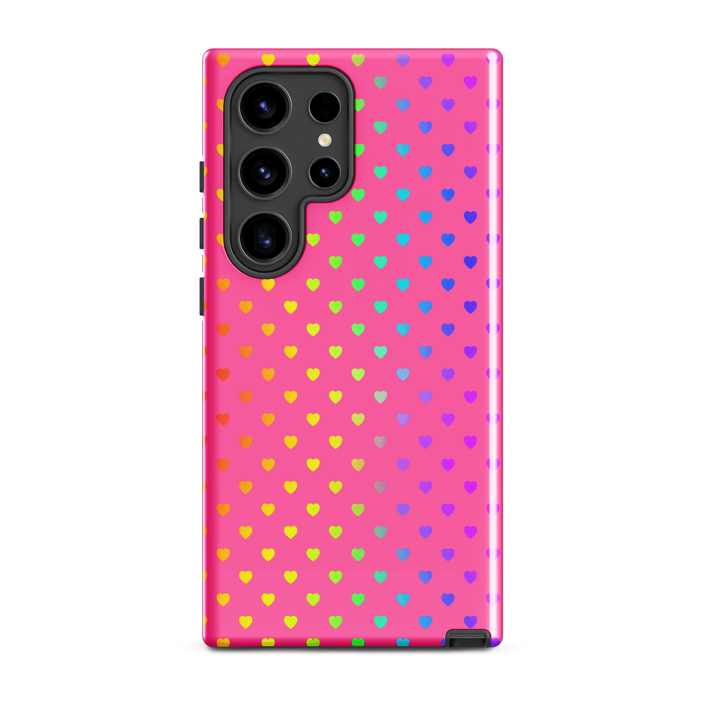 Phone case with rainbow heart design for Samsung Galaxy on pink background.