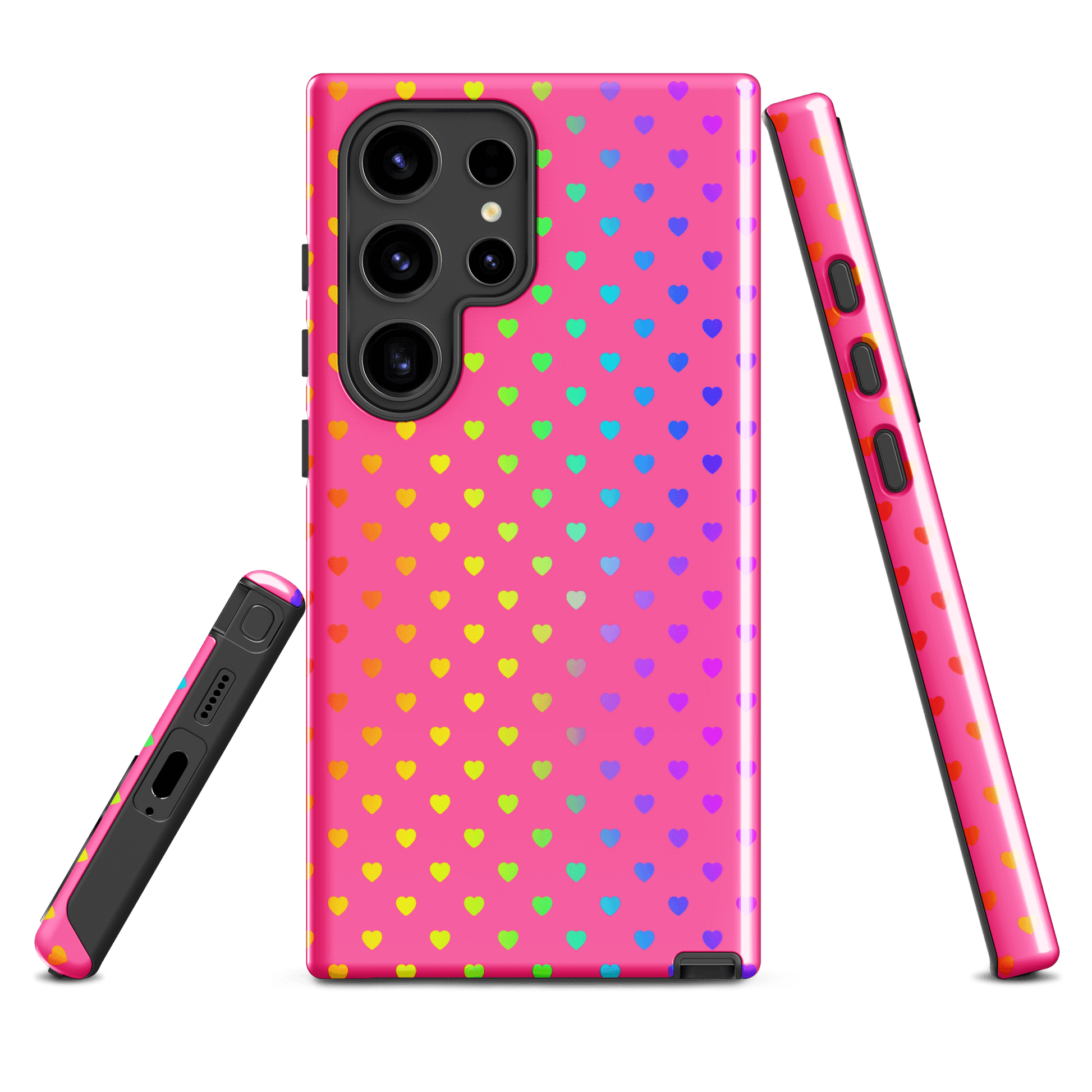 phone case for Samsung Galaxy with cute rainbow heart design on pink background