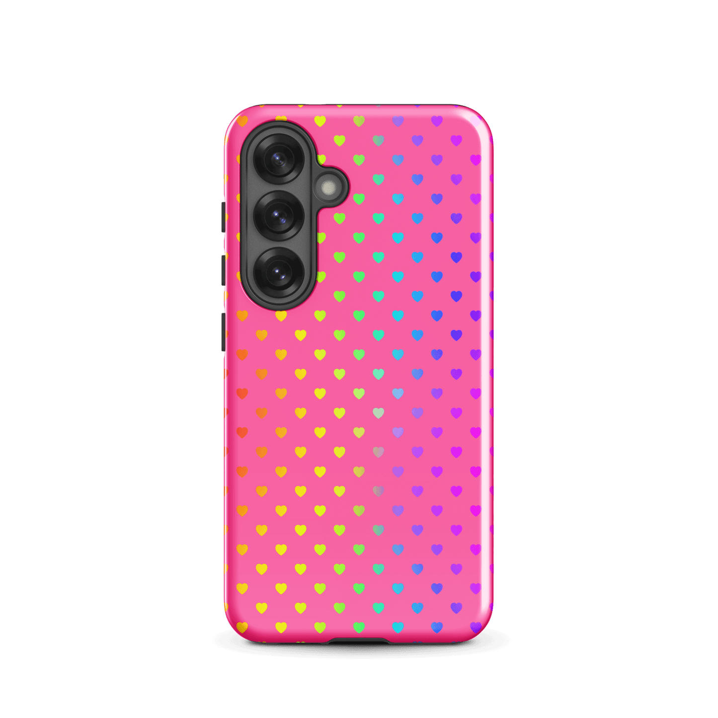 phone case for Samsung Galaxy with cute rainbow hearts on pink background