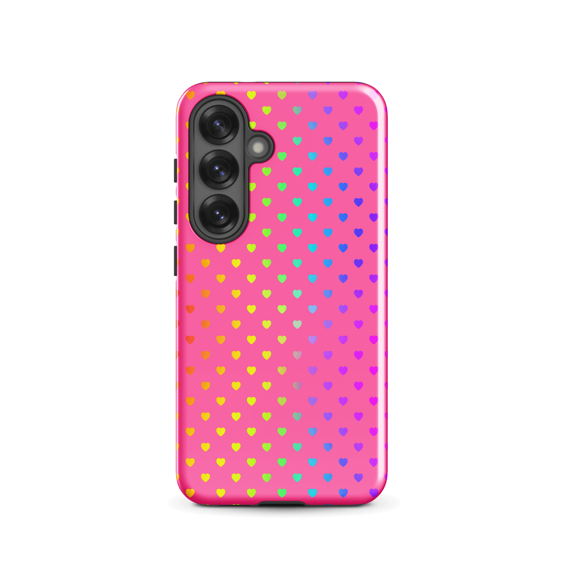 phone case for Samsung Galaxy with cute rainbow hearts on pink background
