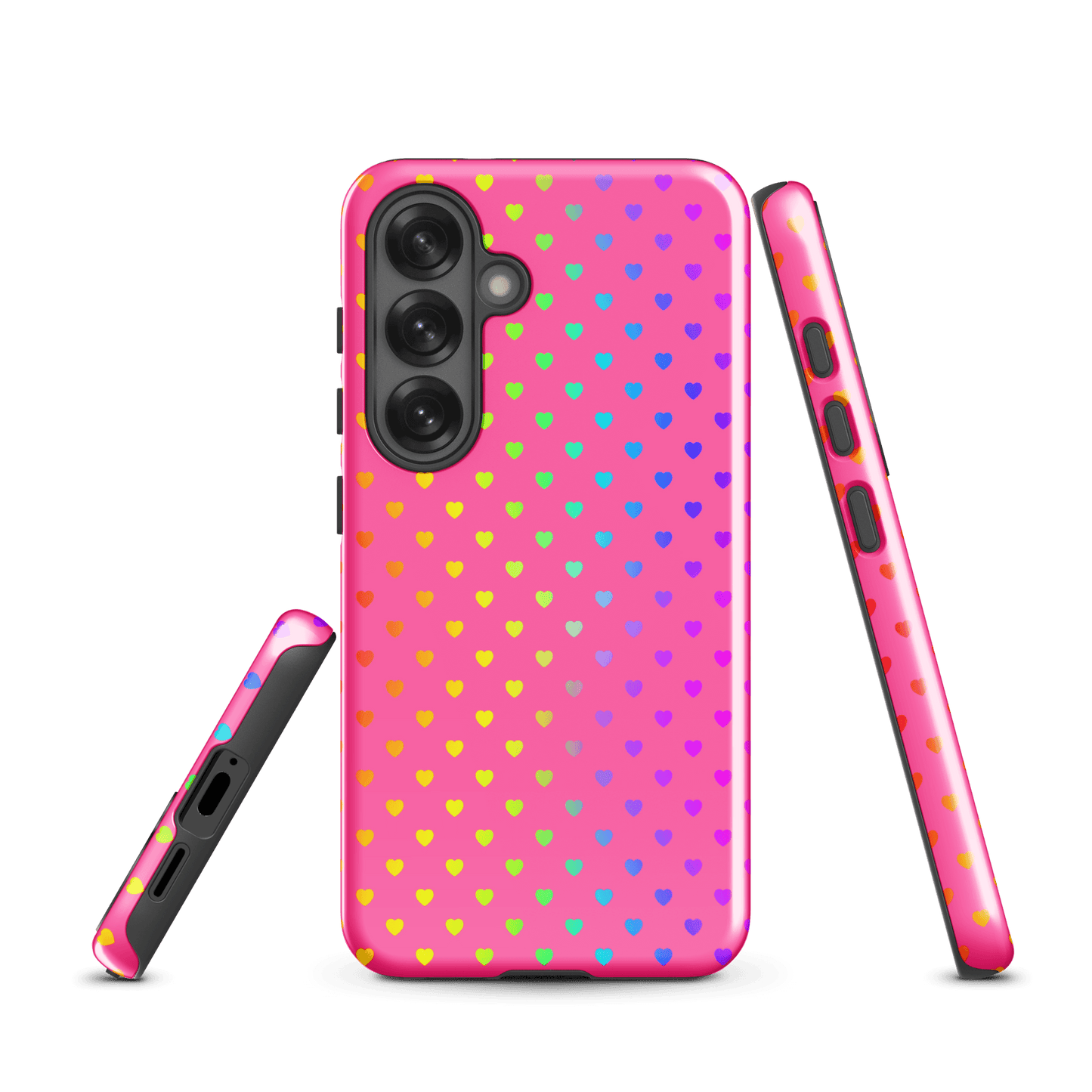 Phone case for Samsung Galaxy with rainbow hearts on pink background