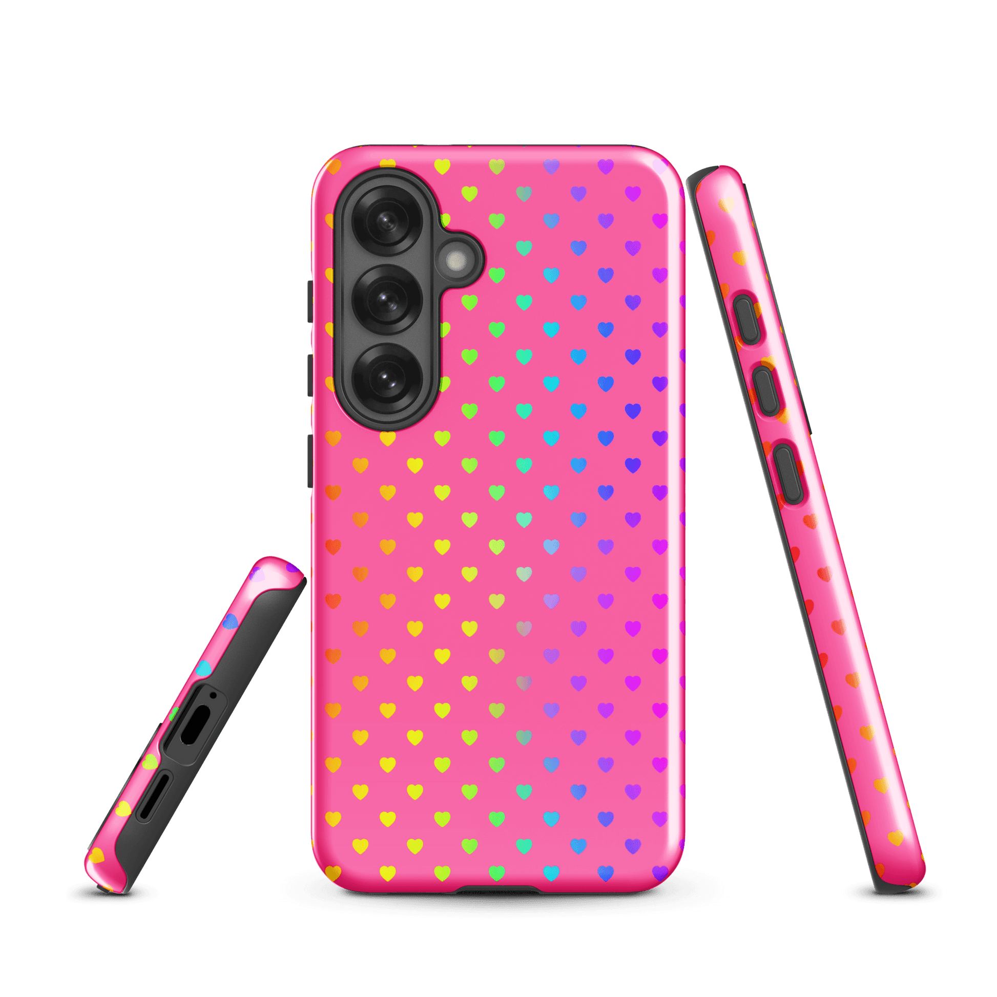 Phone case for Samsung Galaxy with rainbow hearts on pink background