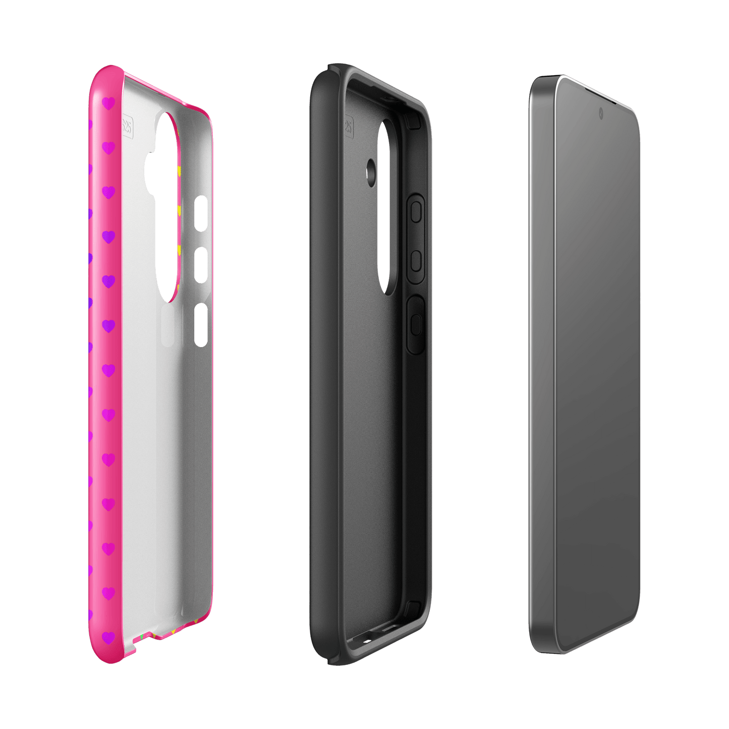 phone case for Samsung Galaxy with cute rainbow hearts on pink backdrop, showing dual-layer construction