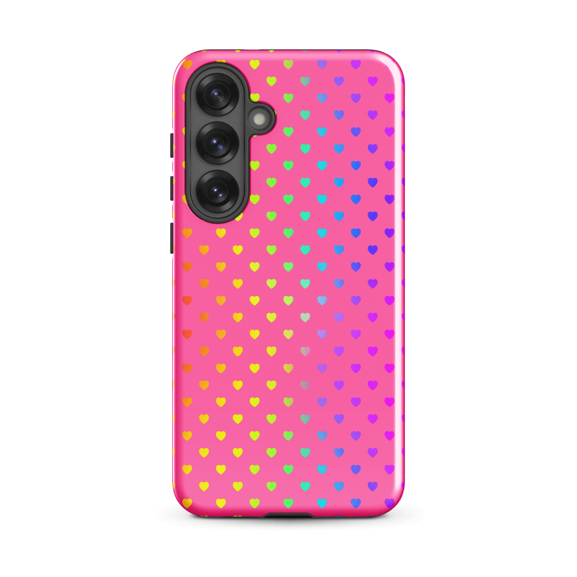 Phone case for Samsung Galaxy with cute rainbow hearts on pink background