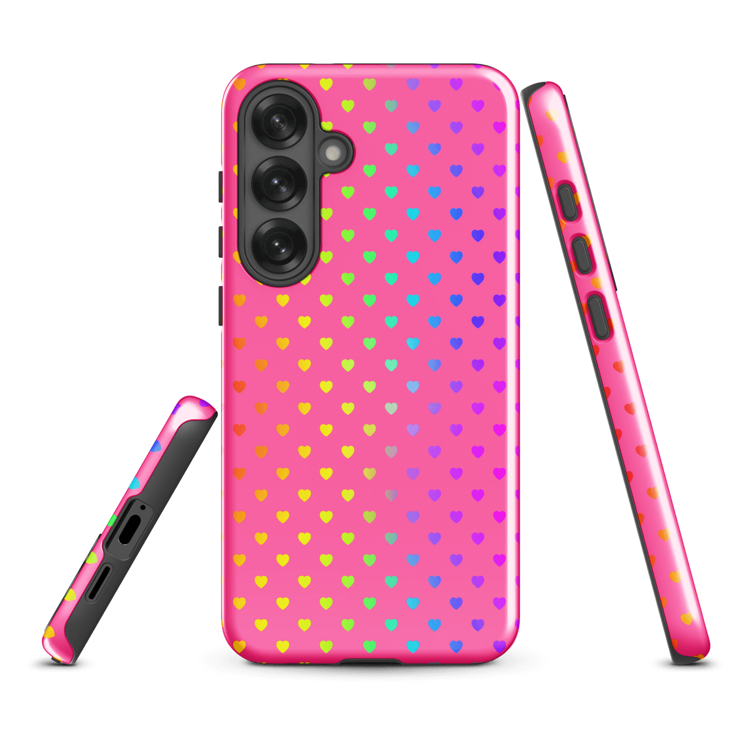 Cute rainbow hearts phone case for Samsung Galaxy with dual-layer protection on bright pink background.