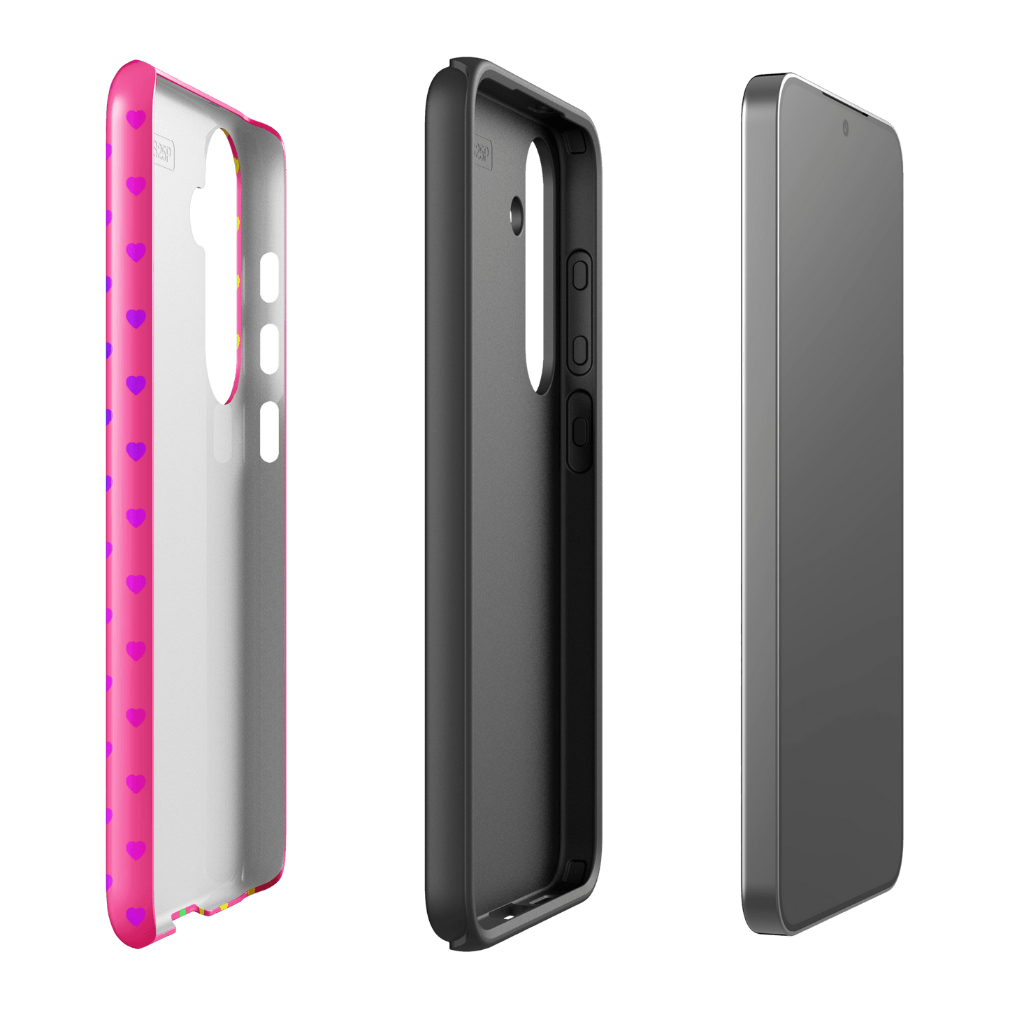 Rainbow hearts phone case for Samsung Galaxy in pink with dual-layer protection, showcasing cheerful and playful design.