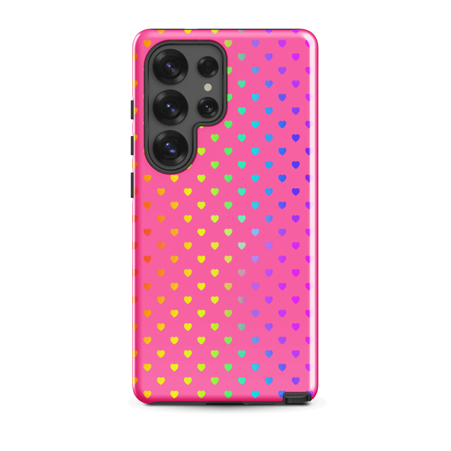 phone case with rainbow hearts design for Samsung Galaxy on pink background