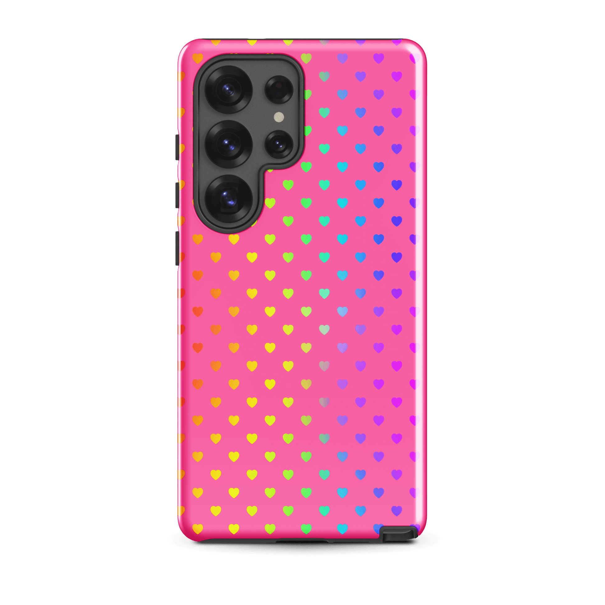 phone case with rainbow hearts design for Samsung Galaxy on pink background
