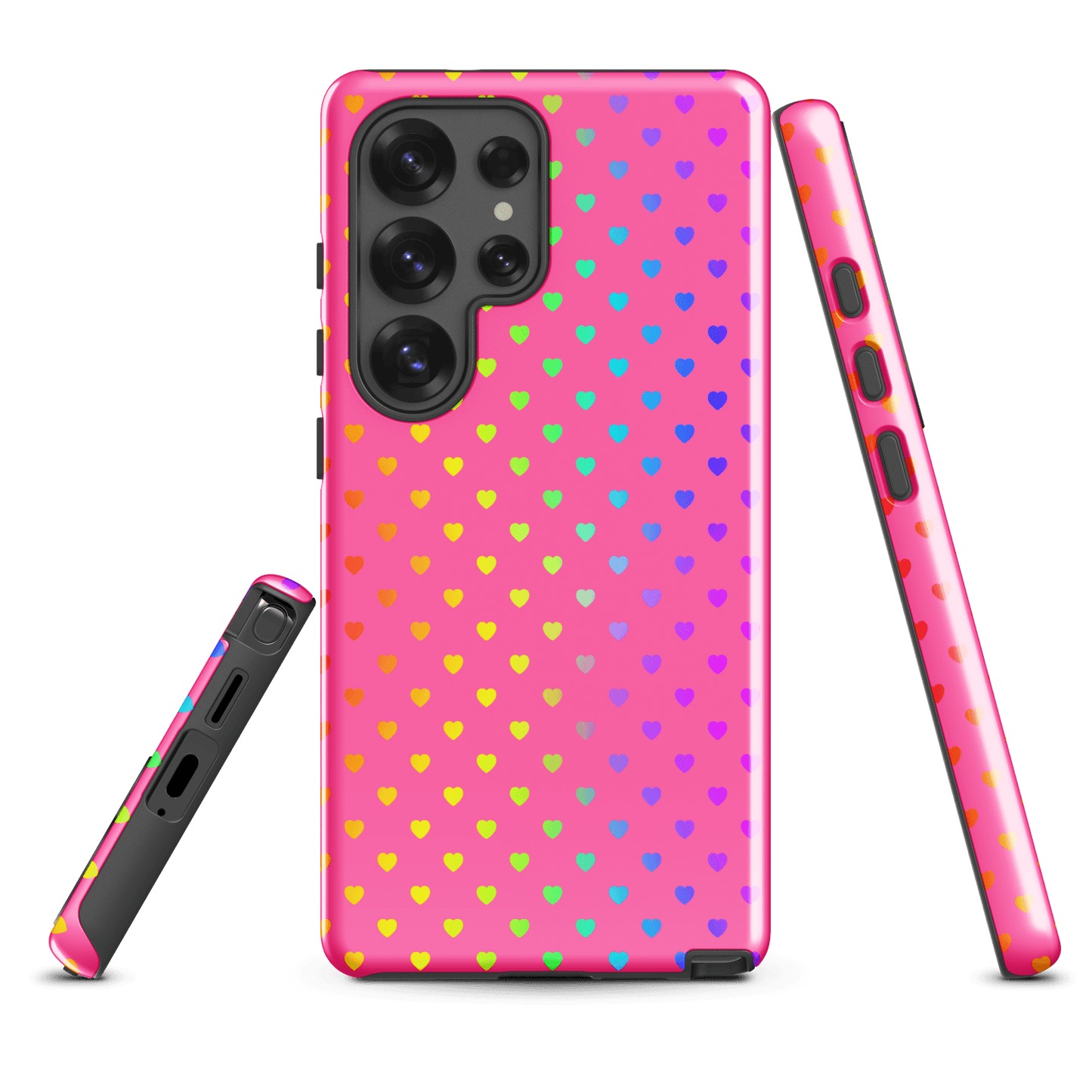 Cute rainbow hearts phone case for Samsung Galaxy with vibrant pink background
