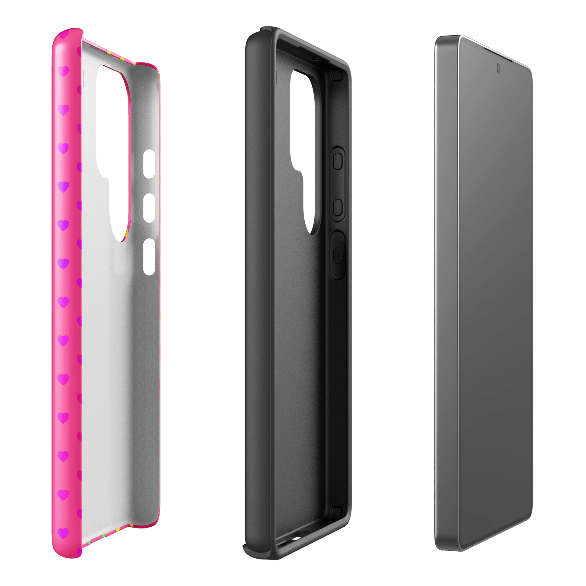 phone case for Samsung Galaxy with cute rainbow hearts and dual-layer protection on bright pink backdrop