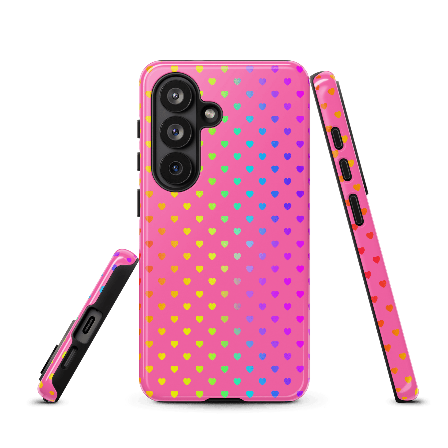 Cute rainbow hearts phone case for Samsung Galaxy with bright pink design and dual-layer protection.
