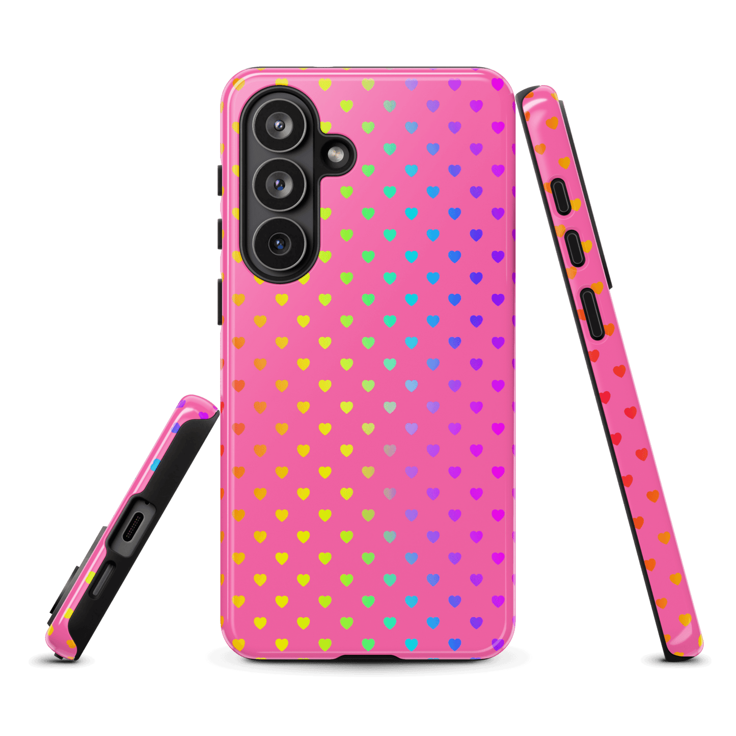 phone case with rainbow hearts for Samsung Galaxy, featuring colorful design on pink background, showcasing cute and playful style