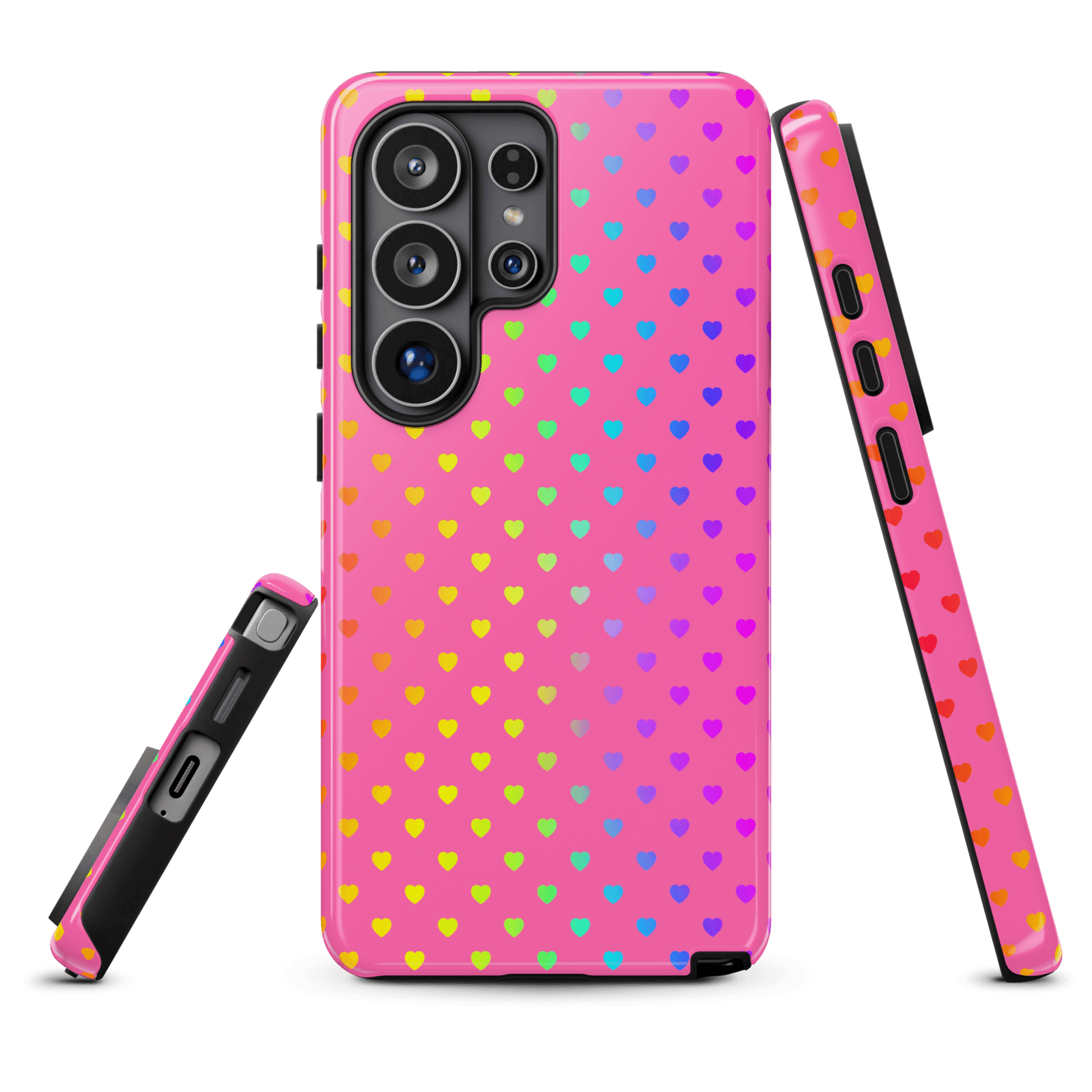 Phone case for Samsung Galaxy with cute rainbow hearts on pink background, dual-layer protection.