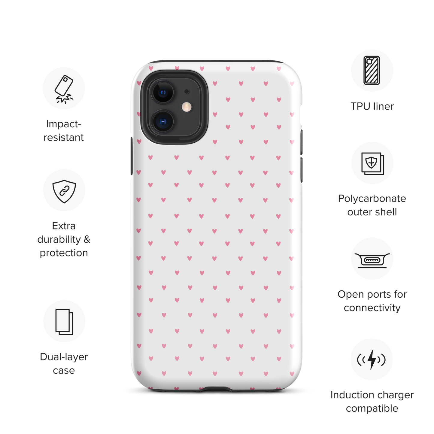 Phone Case for iPhone with Heart-Dot Pattern and polka-dot style, featuring cute hearts on a bold background.