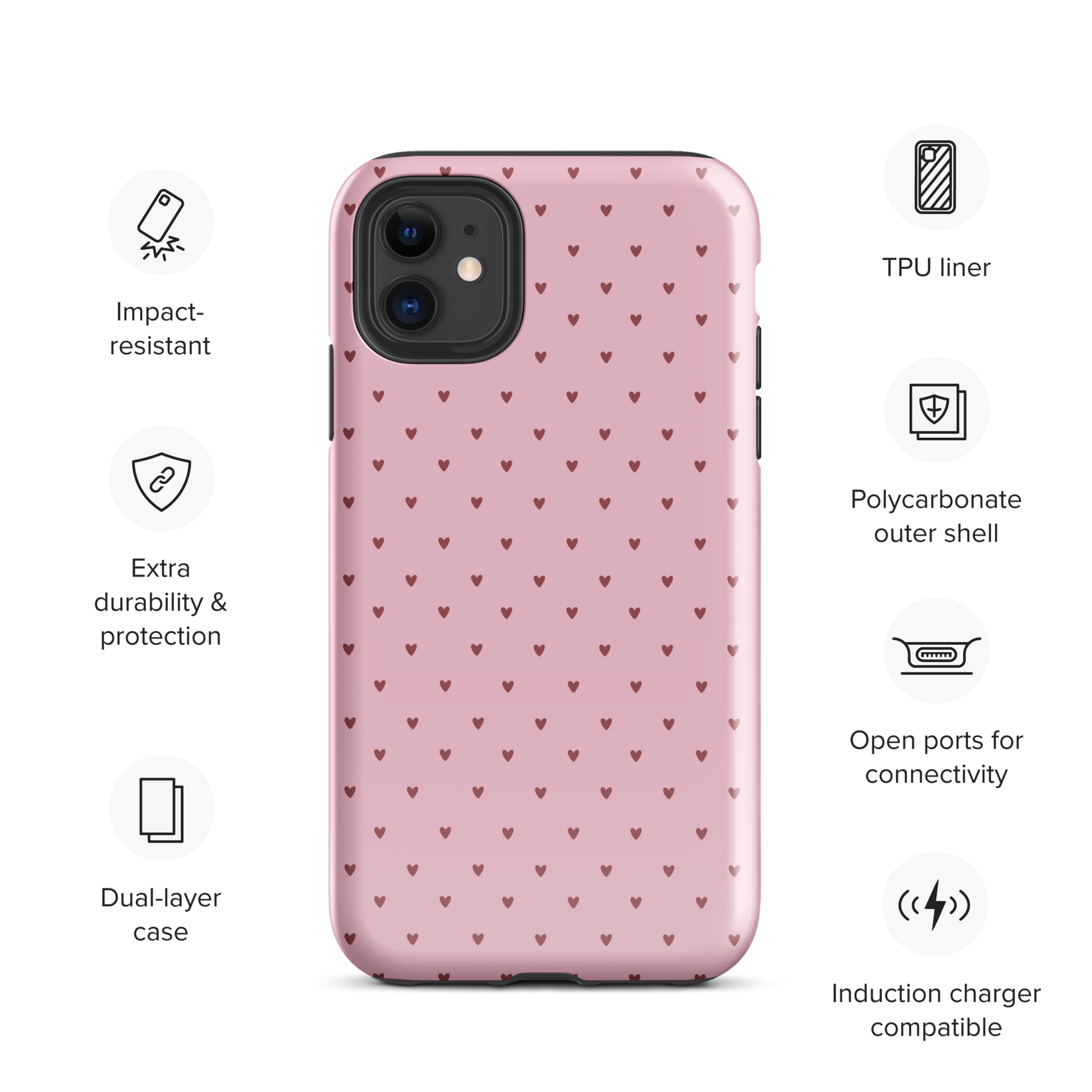 Phone Case for iPhone with Heart-Dot Pattern on pink background