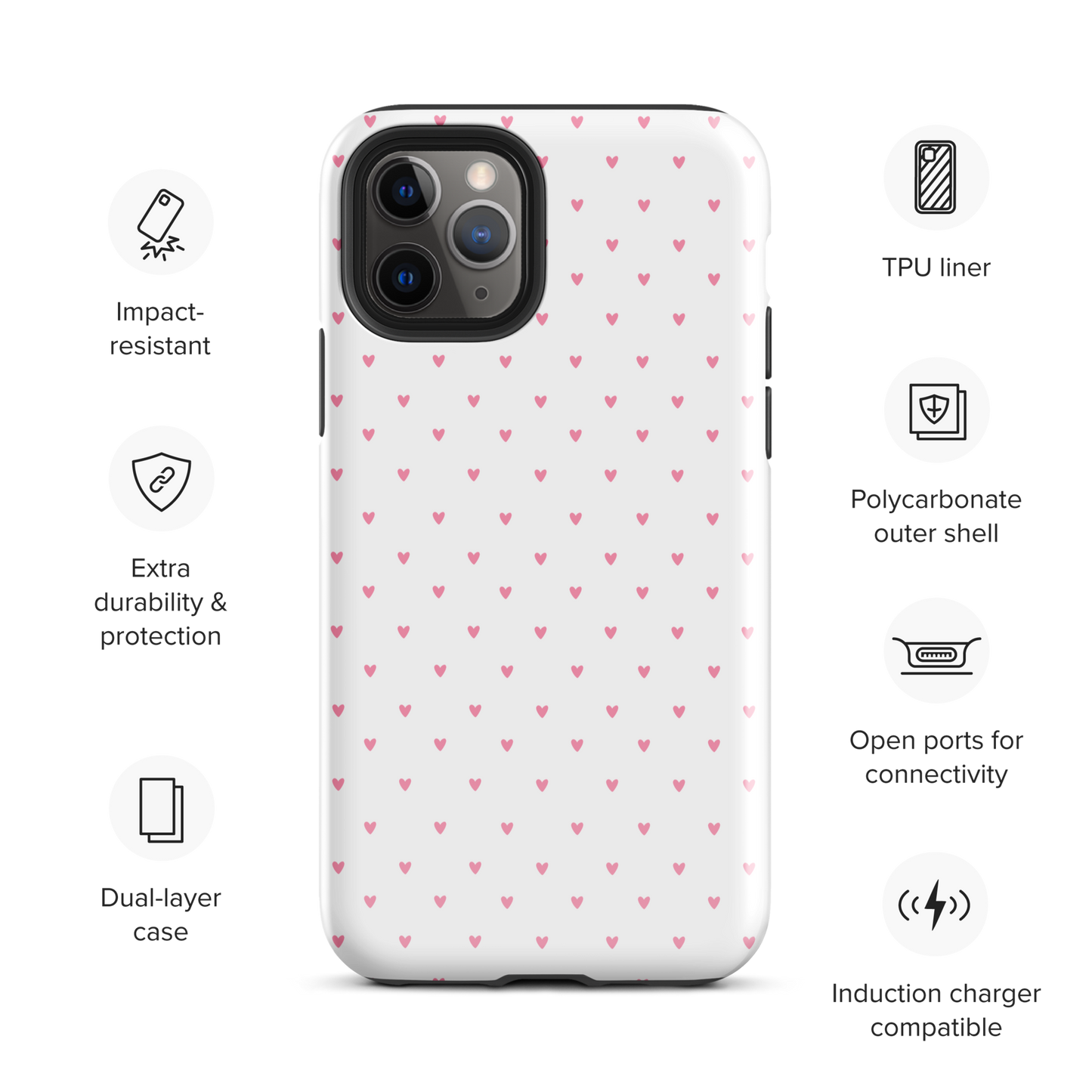Phone Case for iPhone with heart-dot pattern, featuring polka-dot style in pink hearts for a cute, modern, and stylish look.