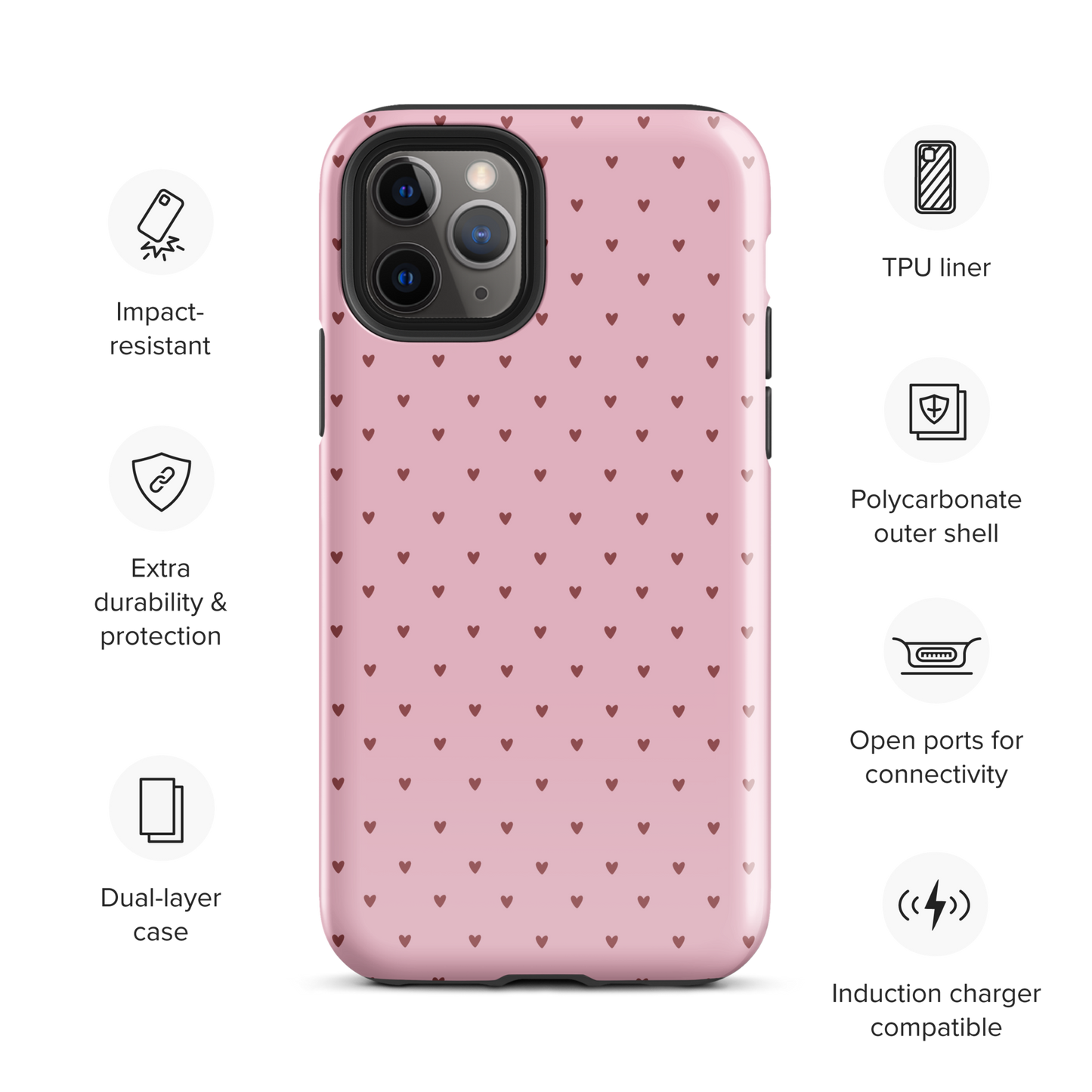 Phone Case for iPhone with heart-dot pattern in pink, cute and modern minimalist design, protective and stylish accessory.