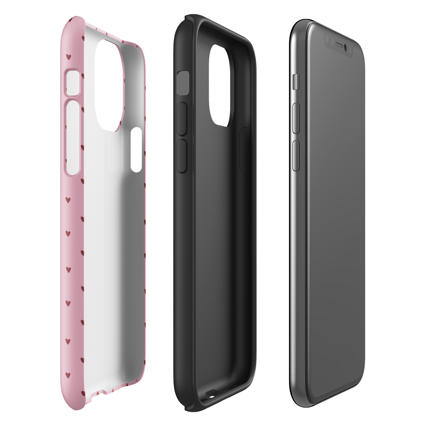 Phone Case for iPhone with heart-dot pattern in playful polka-dot style, showing pink and black color options.