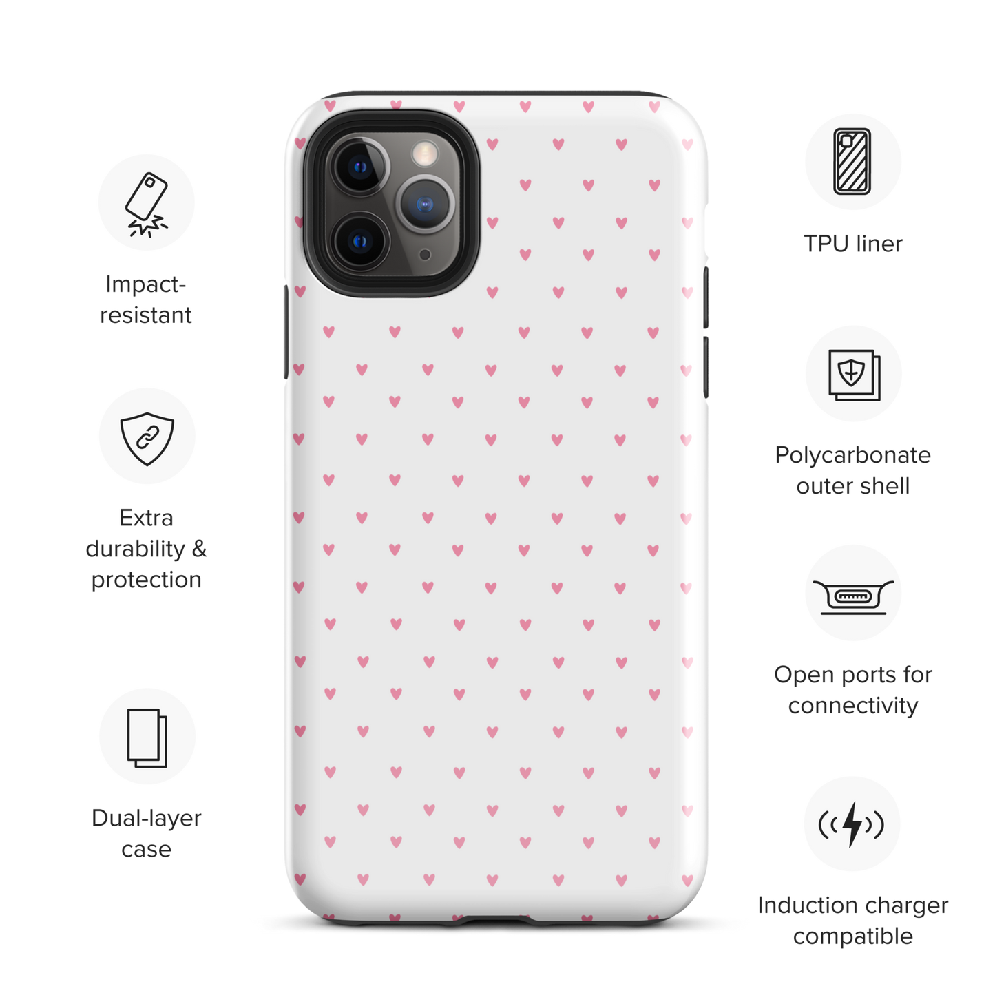 Phone Case for iPhone with heart-dot pattern, featuring cute hearts on a stylish background, combining charm and modern design.