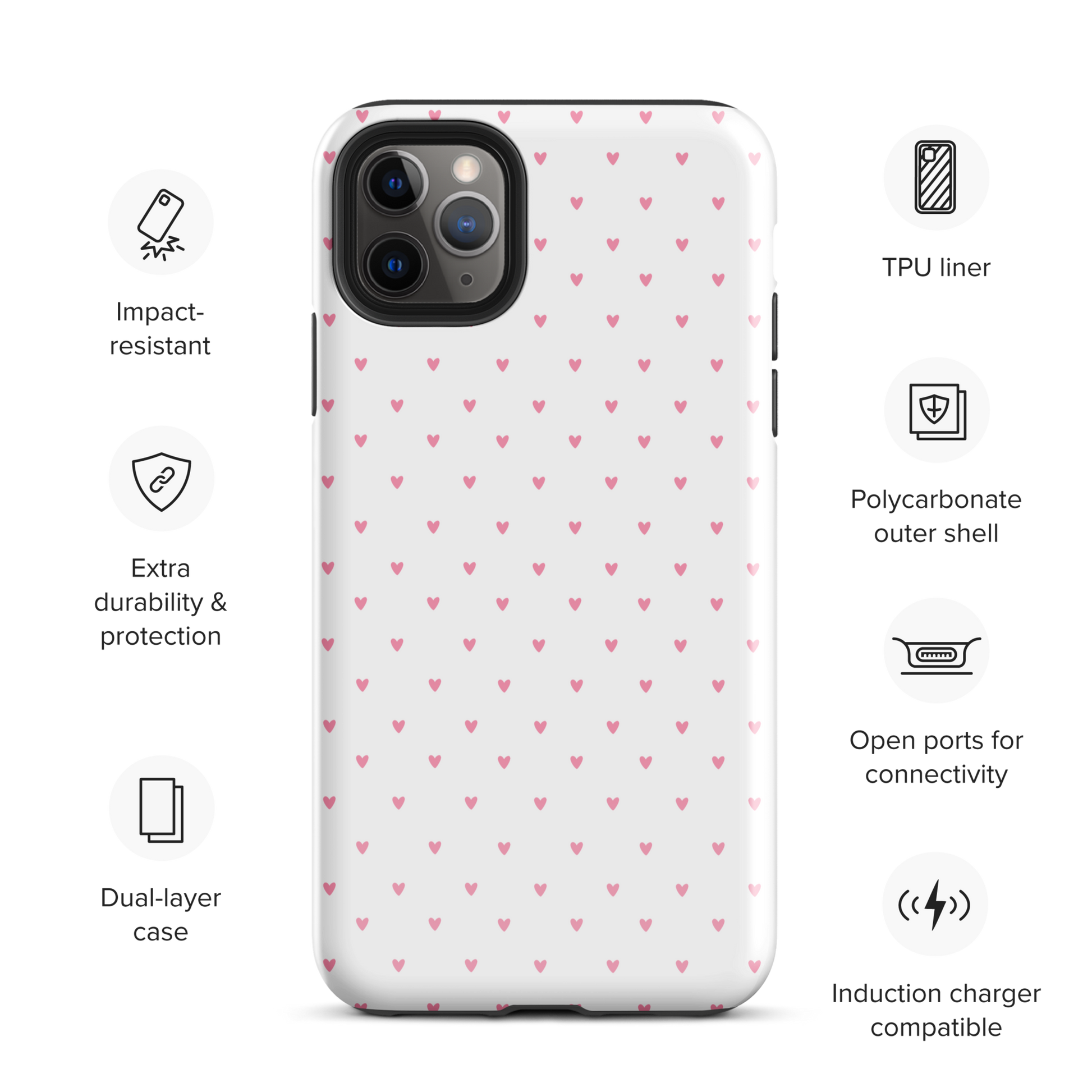 Phone Case for iPhone with heart-dot pattern, featuring cute hearts on a stylish background, combining charm and modern design.