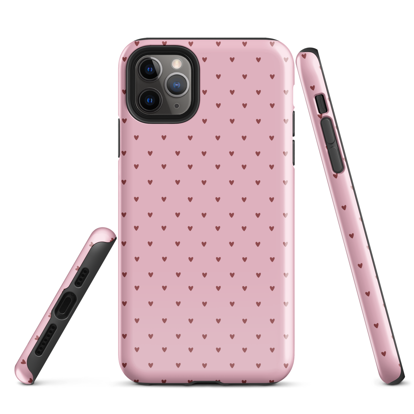 Phone Case for iPhone with heart-dot pattern polka-dot style, featuring tiny heart designs on a pink background.