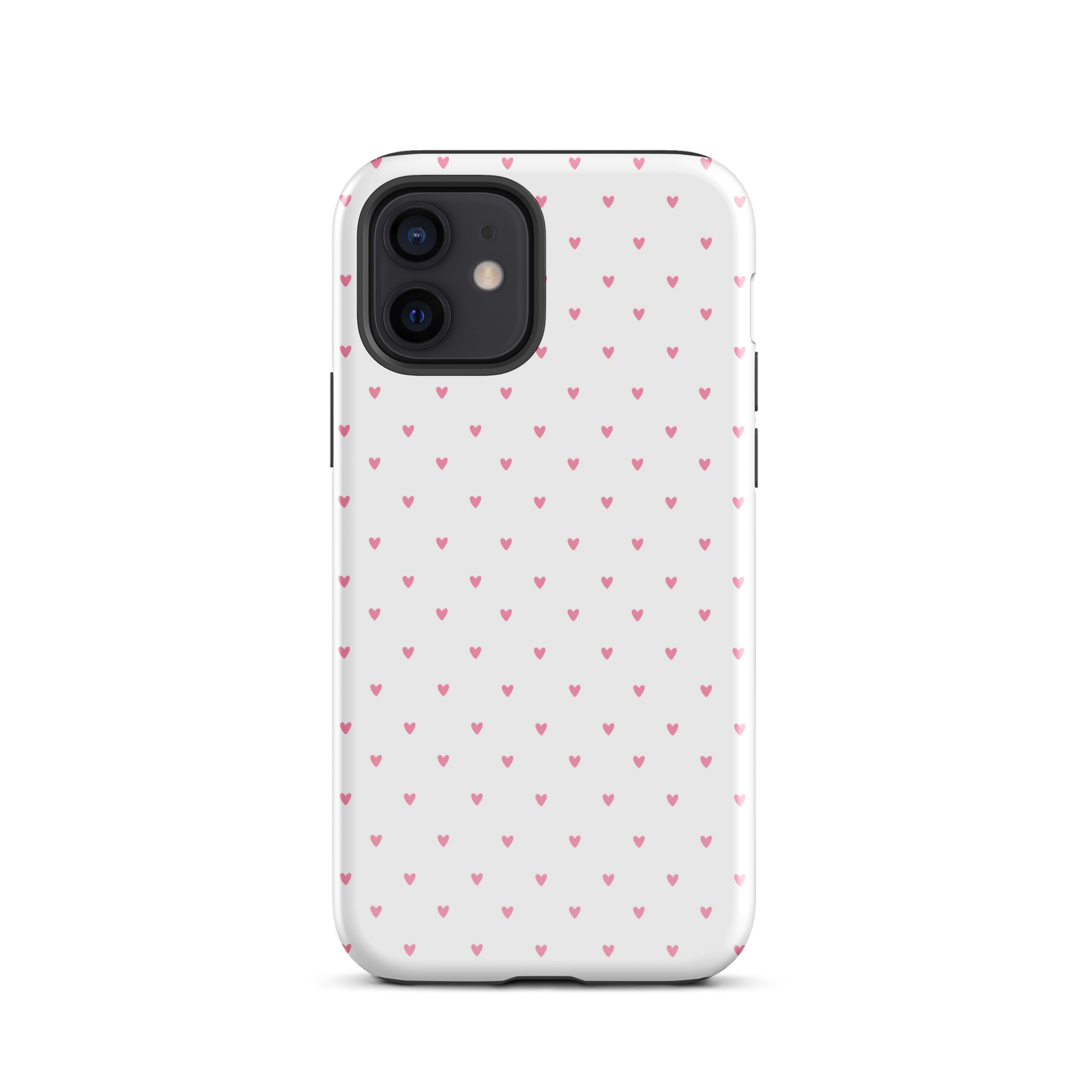 Phone Case for iPhone with heart-dot pattern, playful polka-dot style, minimalist and stylish design with tiny pink hearts on white.