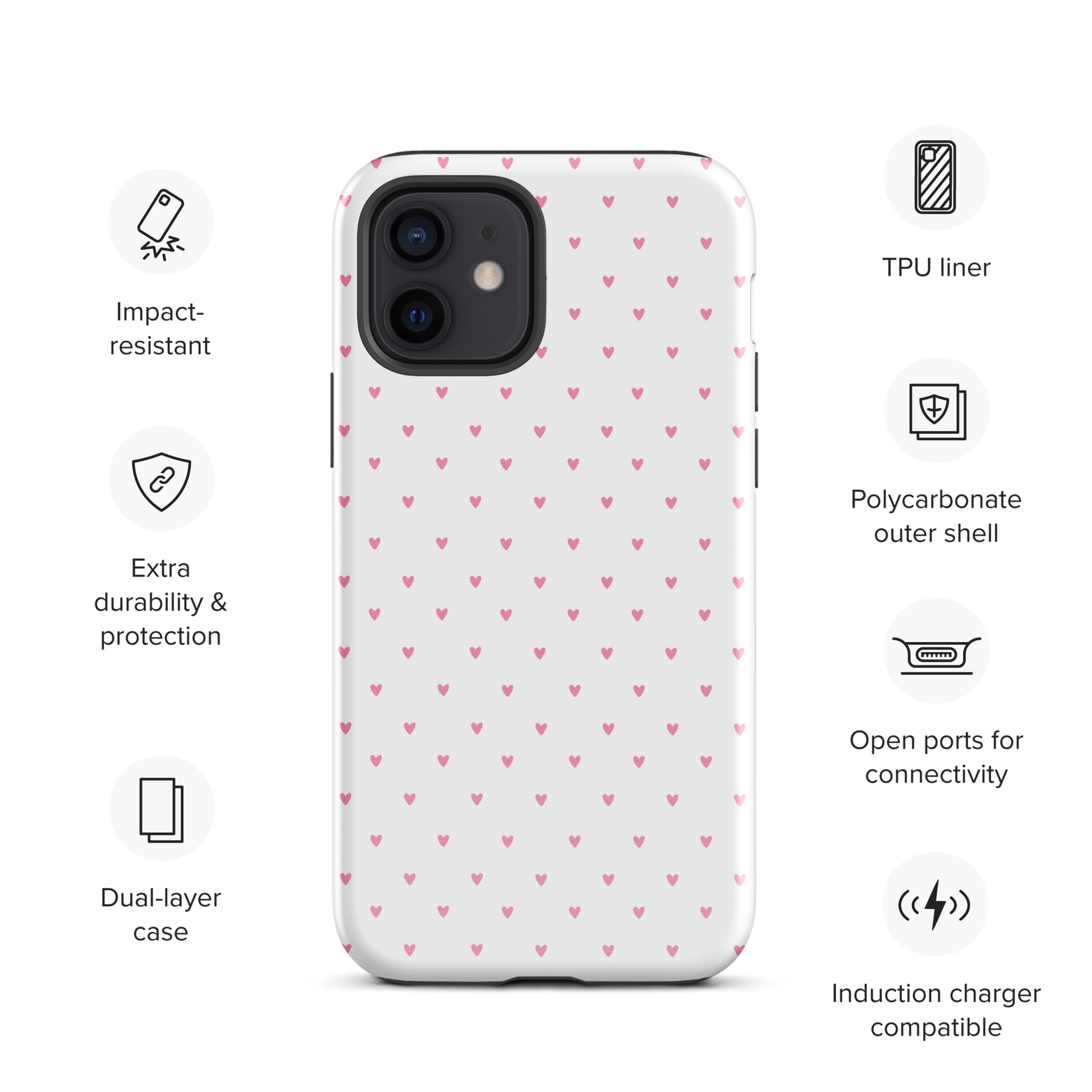 Phone Case for iPhone with heart-dot pattern, featuring charming hearts on a bold background for a cute, modern, and stylish look.