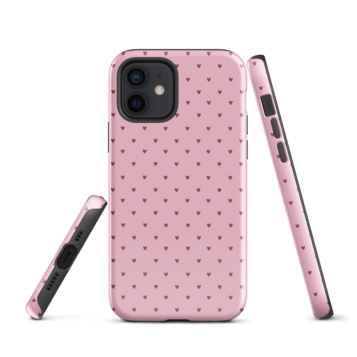 Phone Case for iPhone with heart-dot pattern on pink background, playful and stylish design.