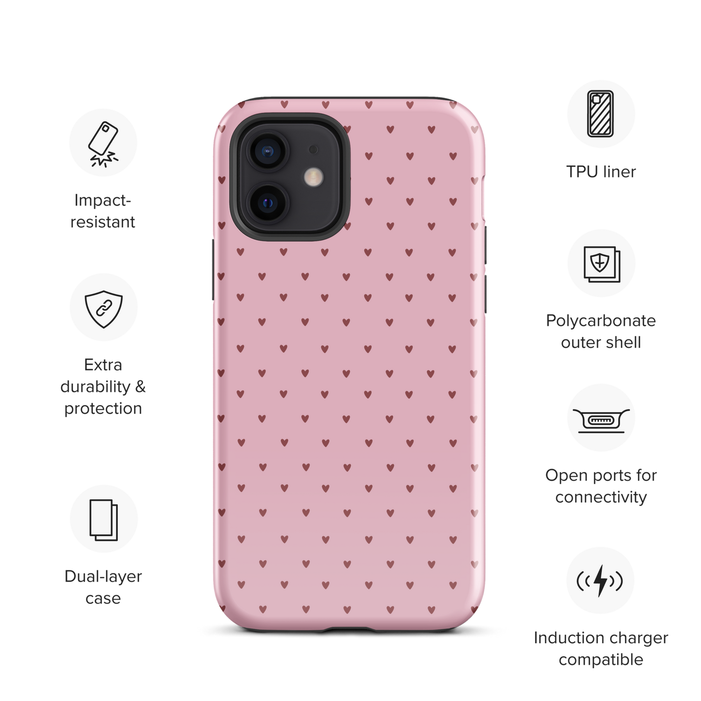 Phone Case for iPhone with heart-dot pattern on pink background, displaying cute, modern style and compatibility features.
