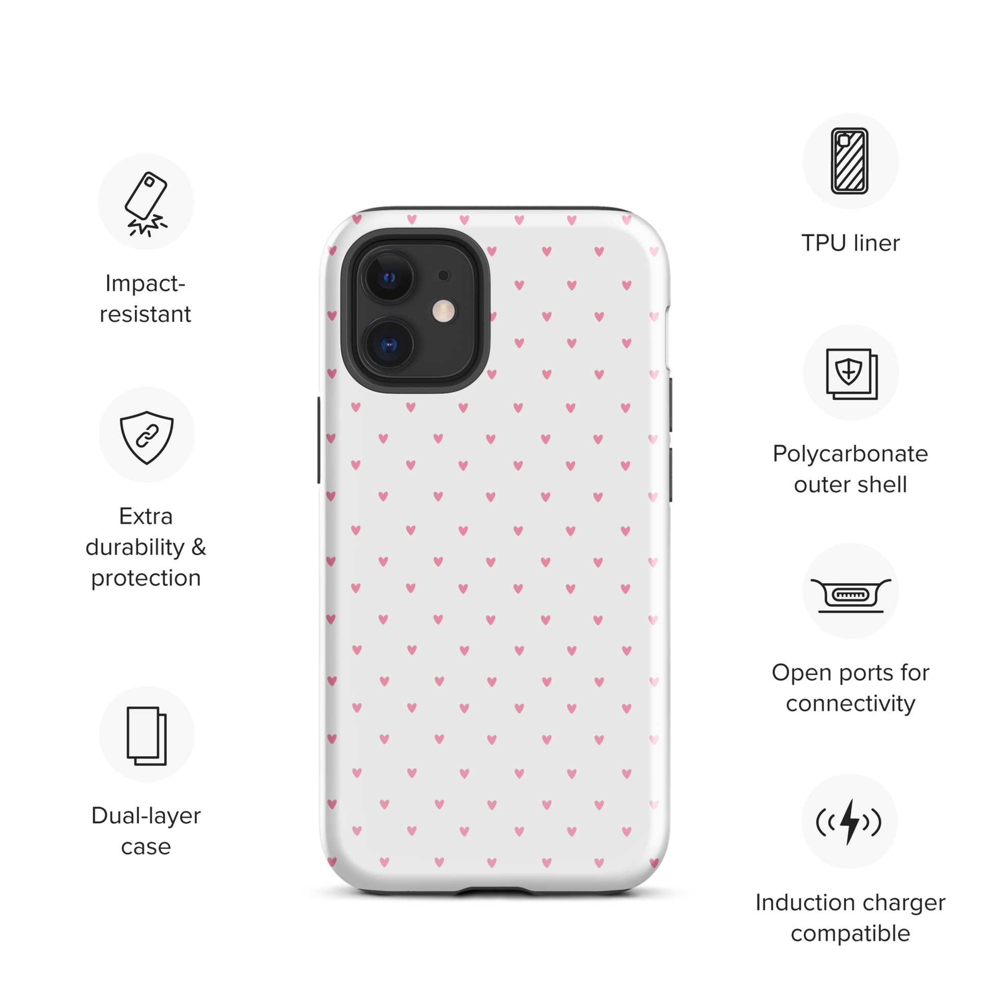 Phone Case for iPhone with Heart-Dot Pattern, showcasing playful polka-dot style with tiny hearts on a bold background.