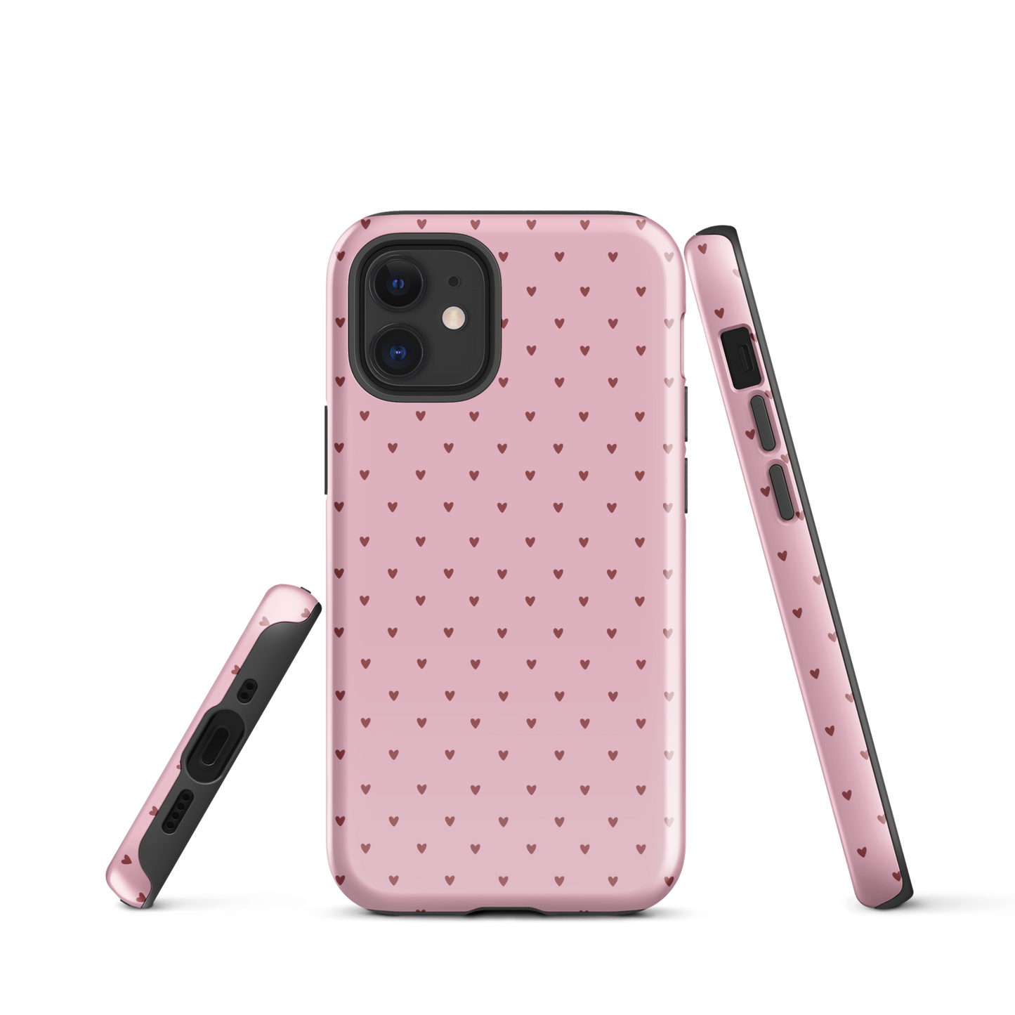 Phone Case with heart-dot pattern for iPhone, playful polka-dot style, cute pink design with small hearts on bold background.