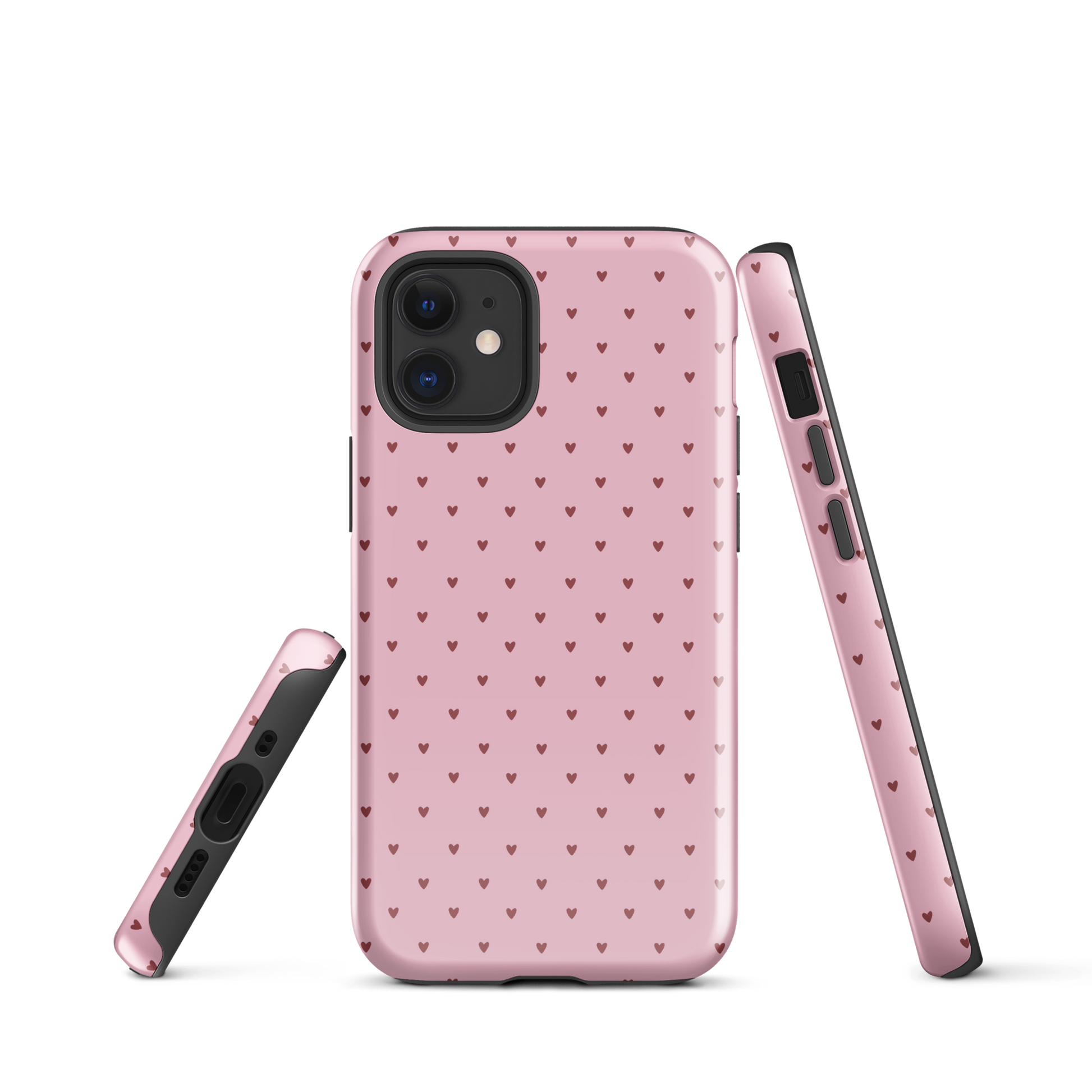 Phone Case with heart-dot pattern for iPhone, playful polka-dot style, cute pink design with small hearts on bold background.