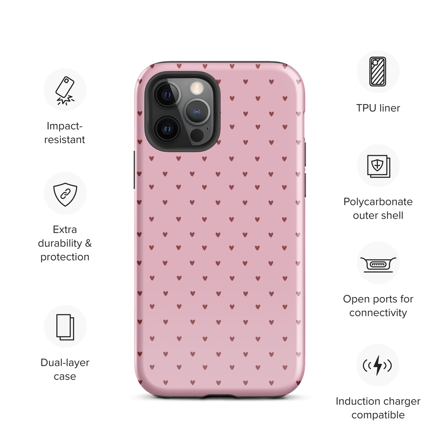 Phone Case for iPhone with Heart-Dot Pattern, playful polka-dot style, featuring tiny hearts on a bold background, minimalist and stylish.