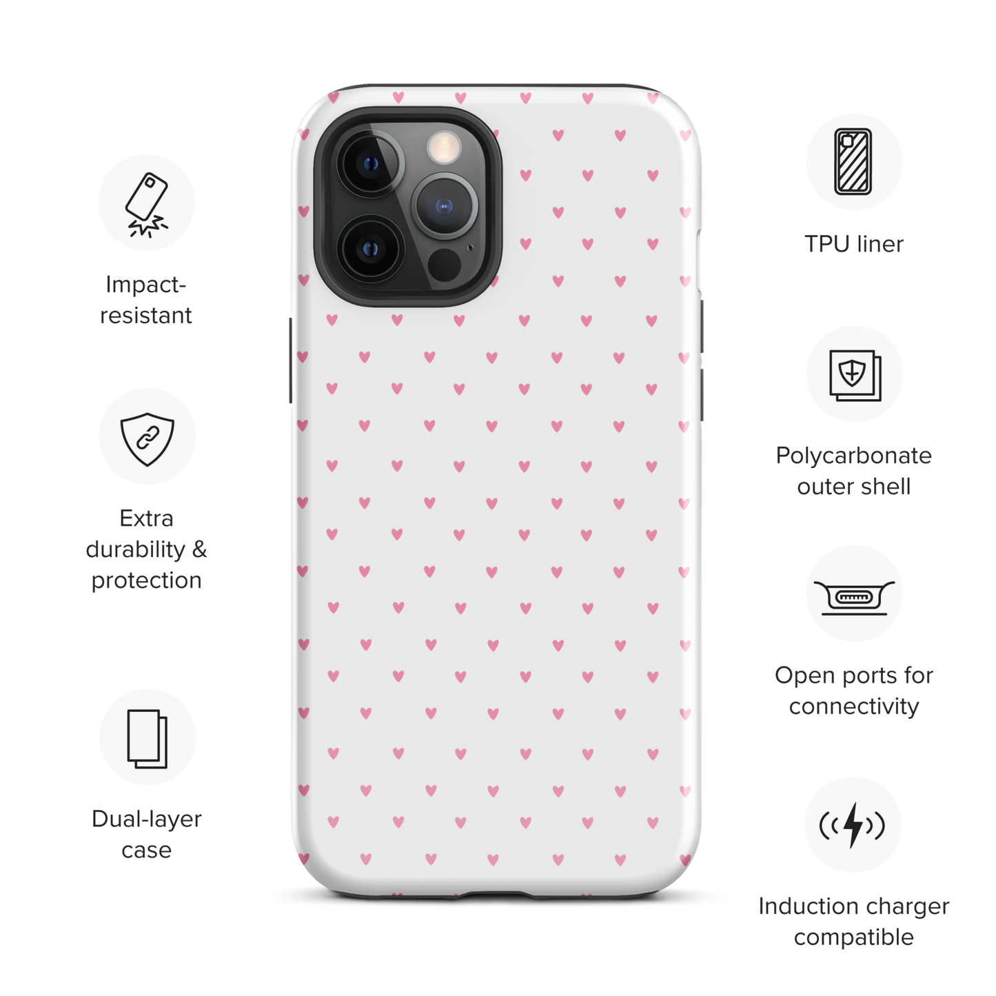 Phone Case with heart-dot pattern for iPhone, featuring cute and stylish design on a bold background with protective features.