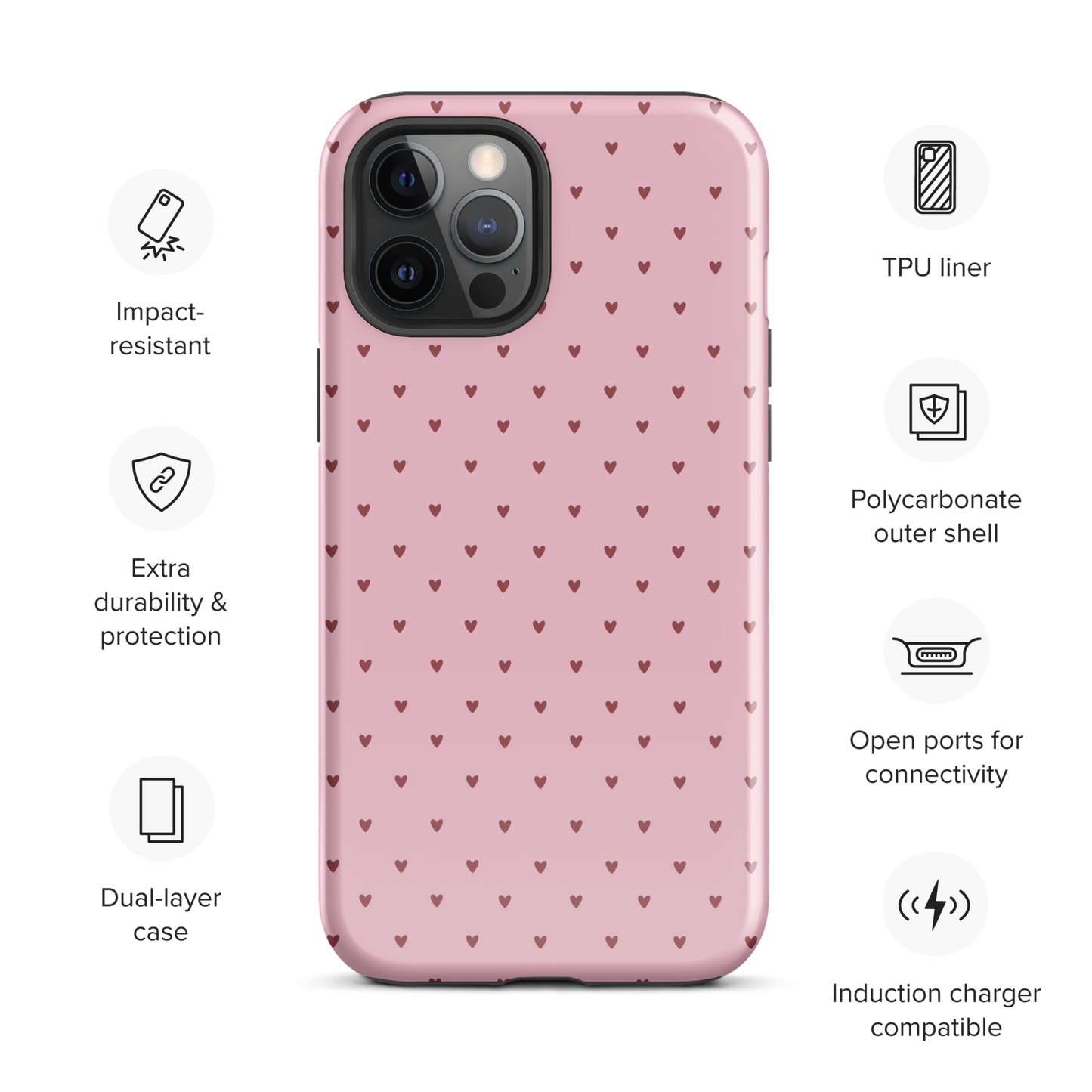 Phone Case for iPhone with Heart‑Dot Pattern, playful polka‑dot style, featuring tiny hearts on a bold background, modern and stylish.