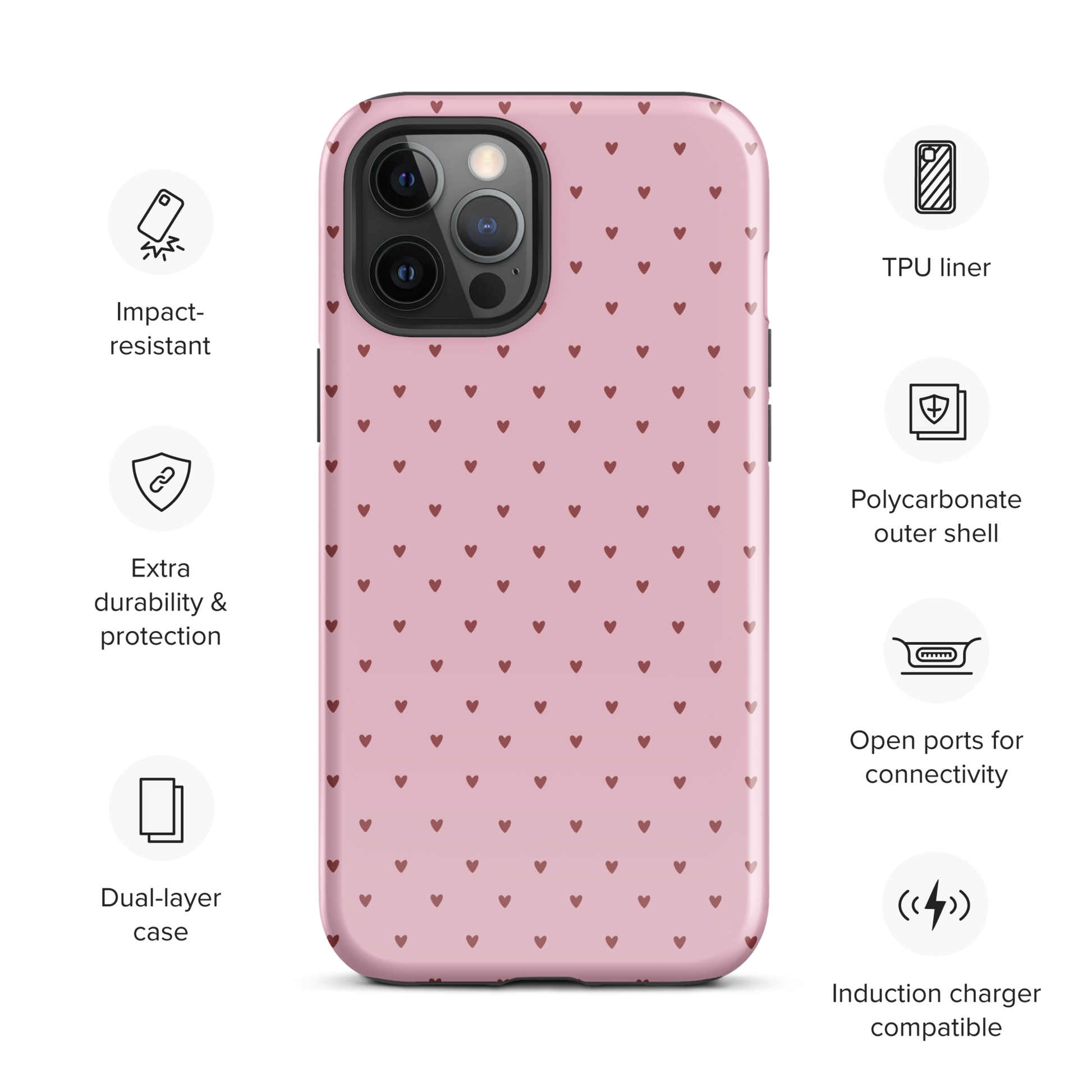 Phone Case for iPhone with Heart‑Dot Pattern, playful polka‑dot style, featuring tiny hearts on a bold background, modern and stylish.