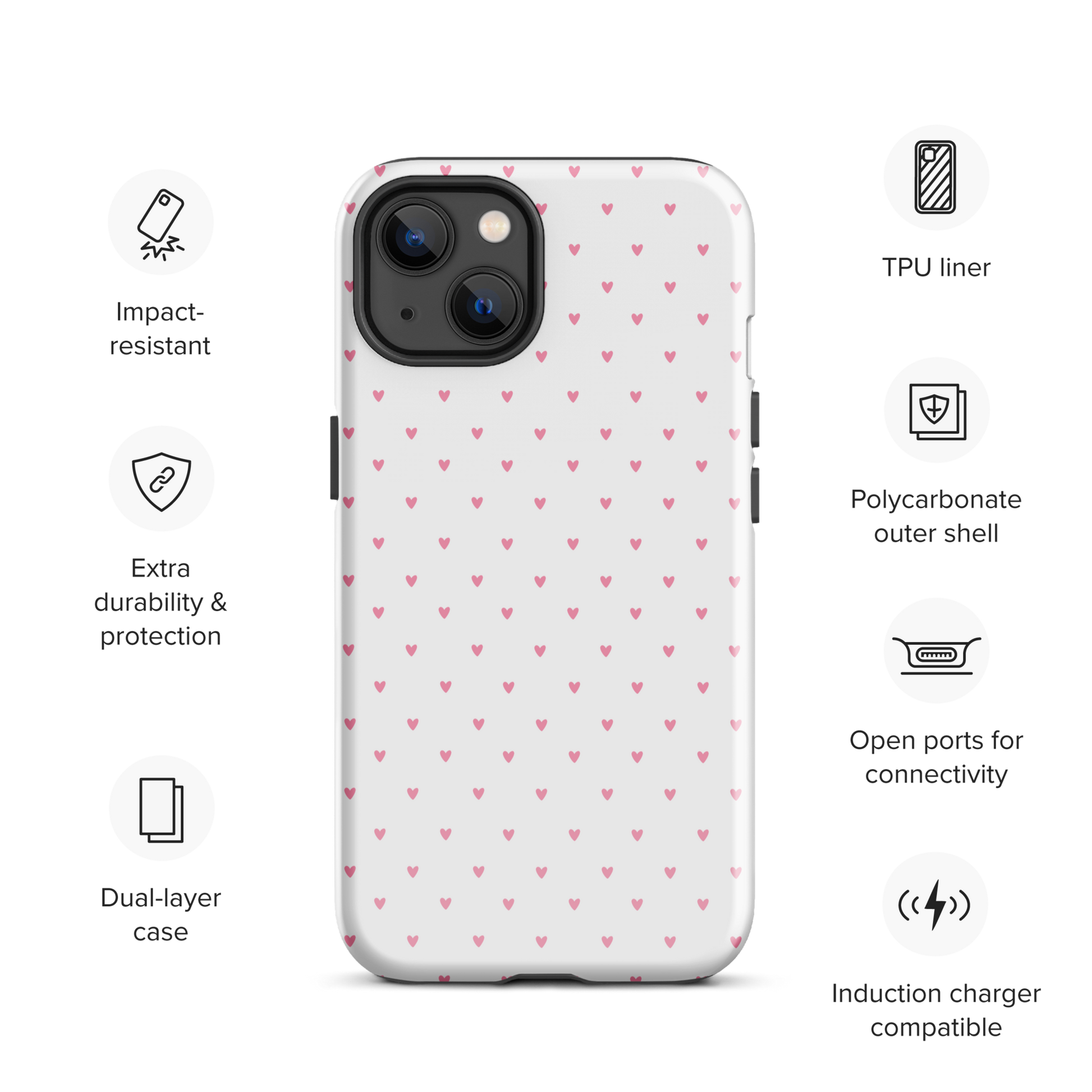 Phone Case for iPhone in Heart-Dot Pattern, playful polka-dot style with tiny hearts on a bold background, minimalist and stylish design.