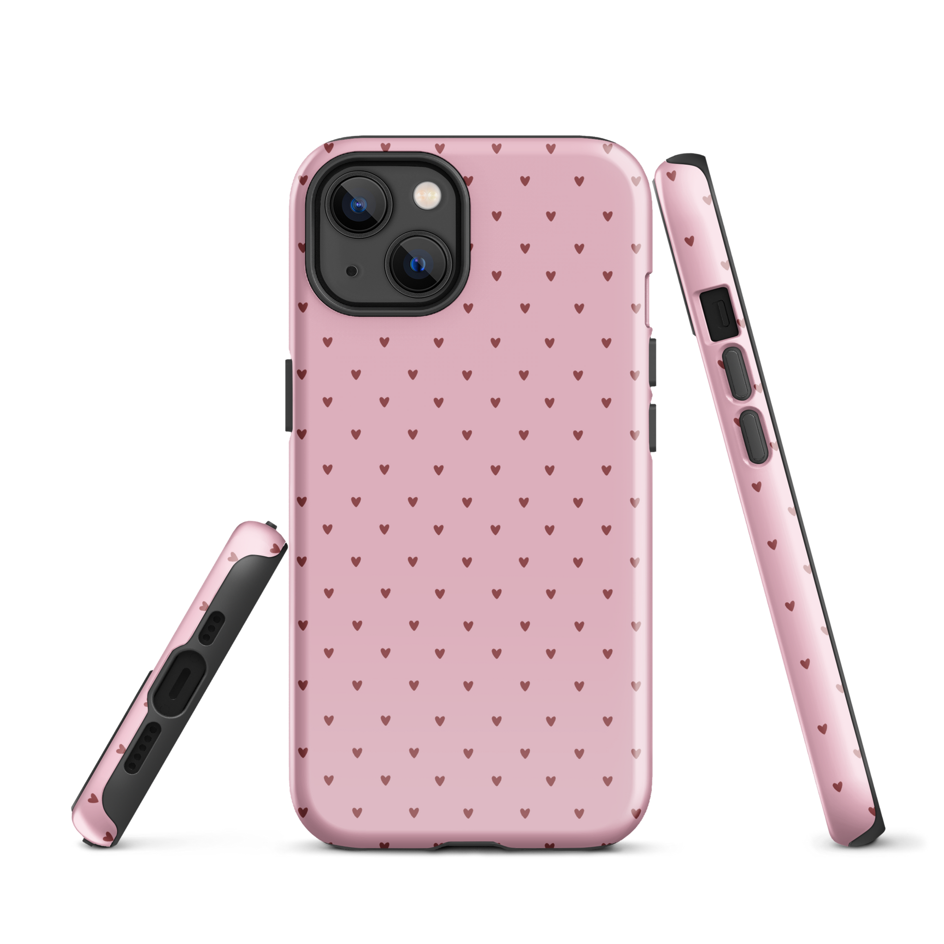Phone Case for iPhone with heart-dot pattern in pink, showcasing a playful and stylish design with tiny hearts on bold background.