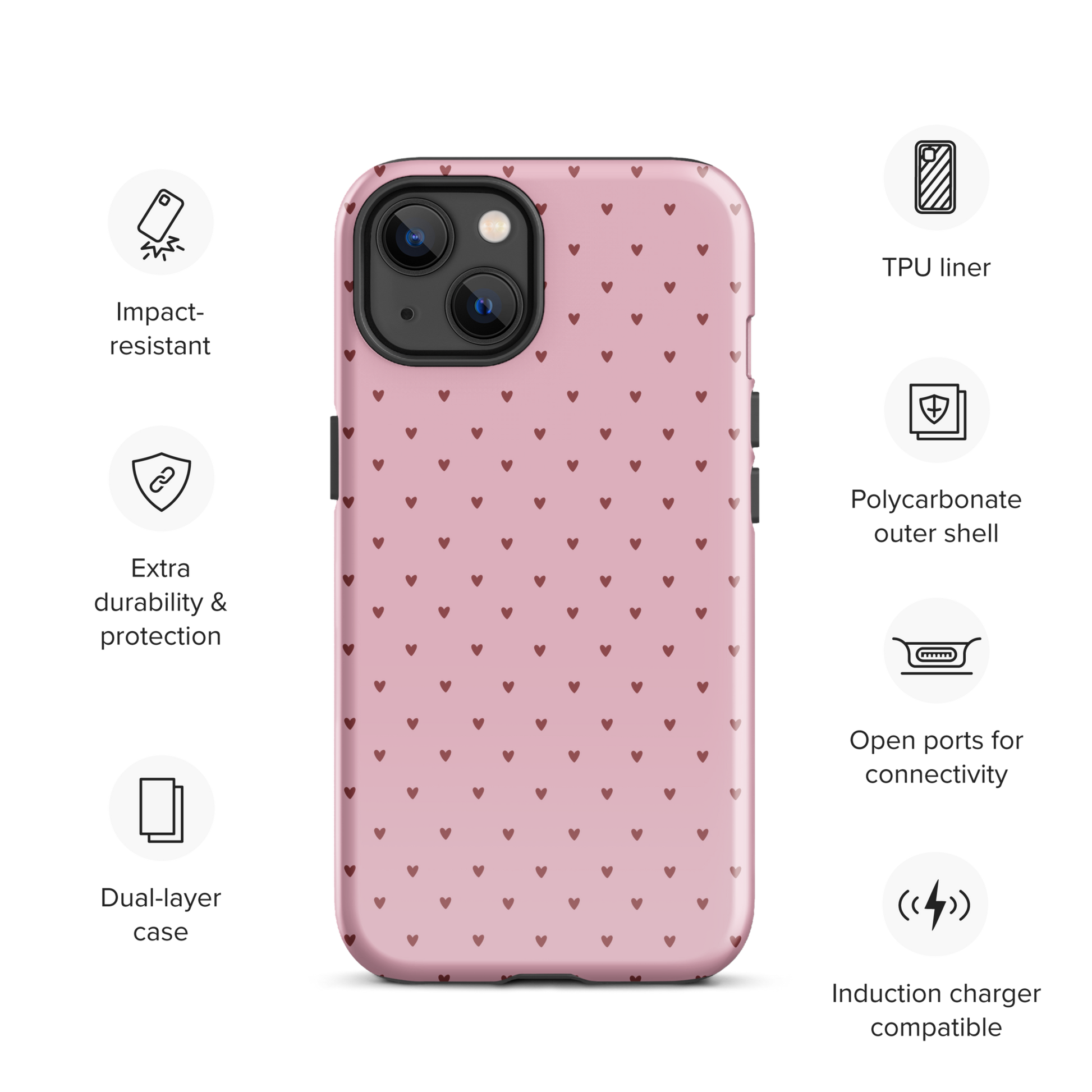 Phone Case for iPhone with Heart-Dot pattern, featuring cute heart designs on a playful polka-dot style background.